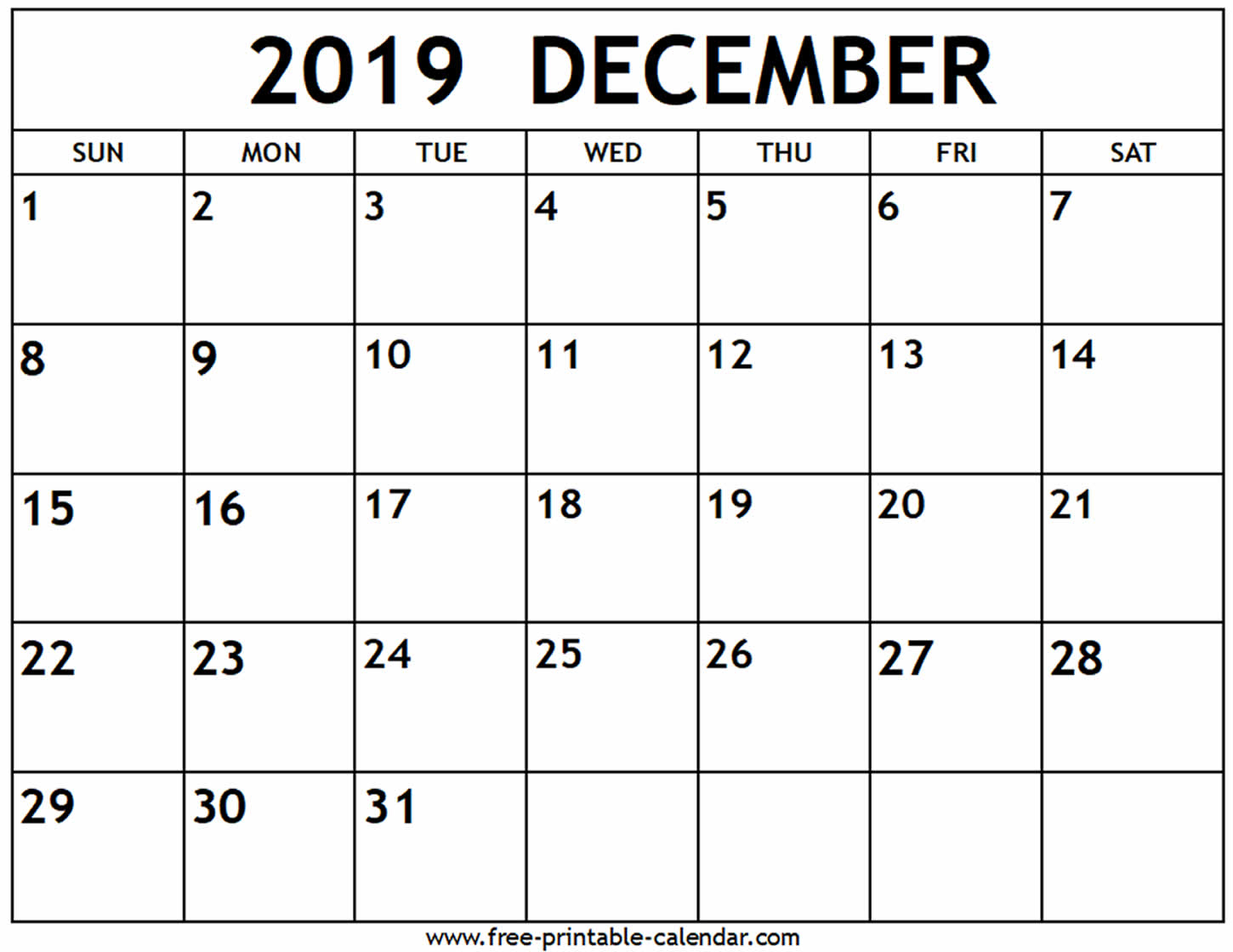 December 2019 Calendar - Free-Printable-Calendar