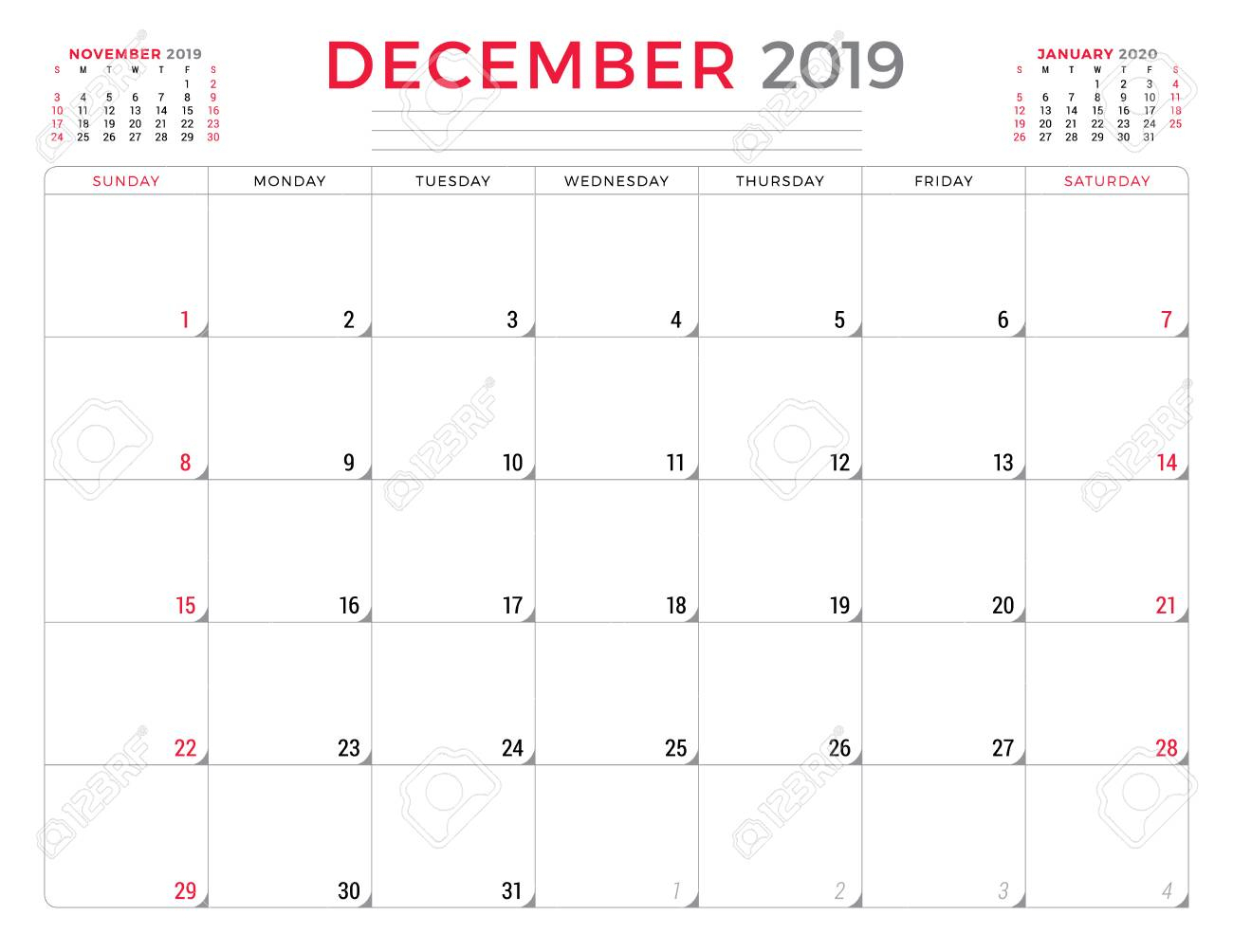 December 2019. Calendar Planner Stationery Design Template. Vector  Illustration. Week Starts On Sunday