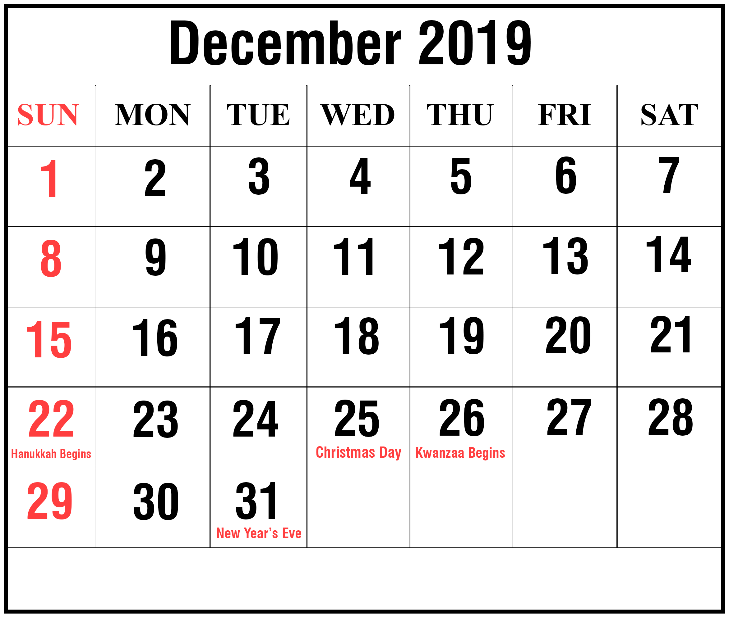 December 2019 Calendar Printable | December Blank Calendar