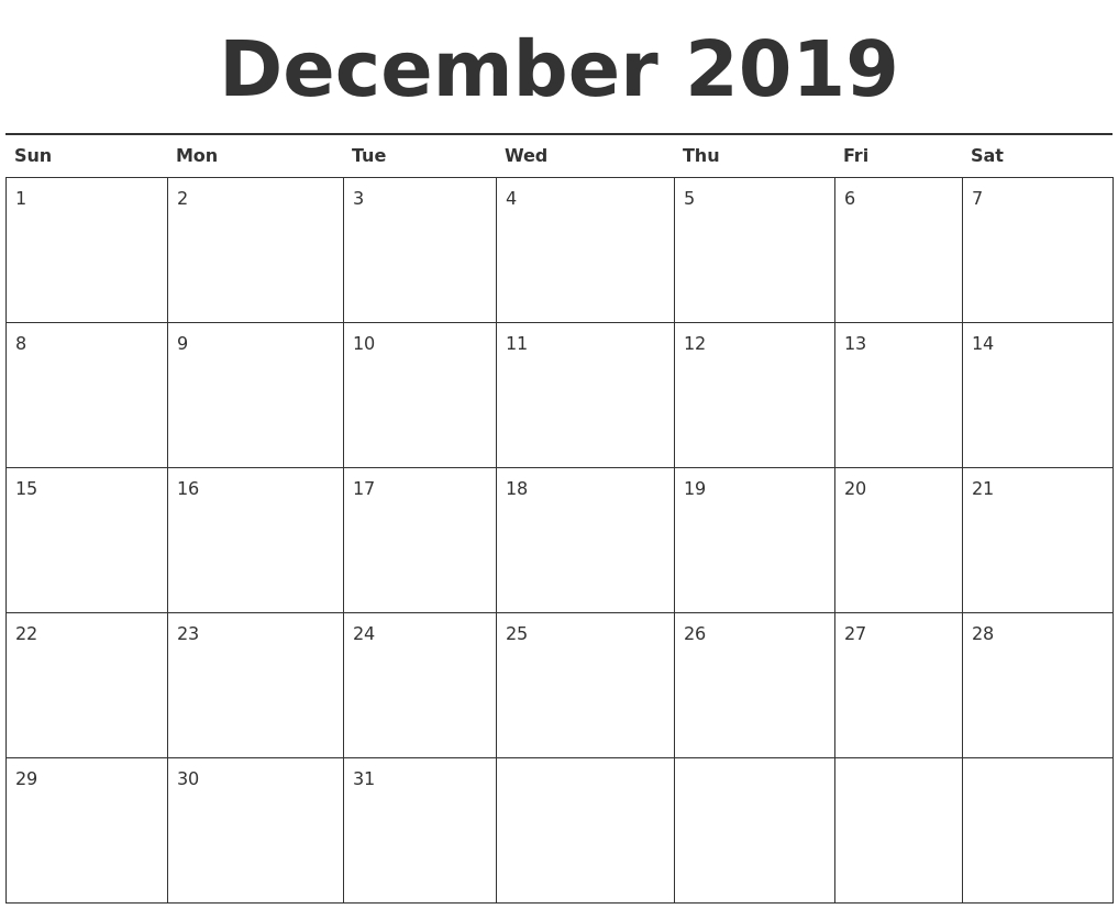 December 2019 Calendar Printable Pdf | 2019 Calendar