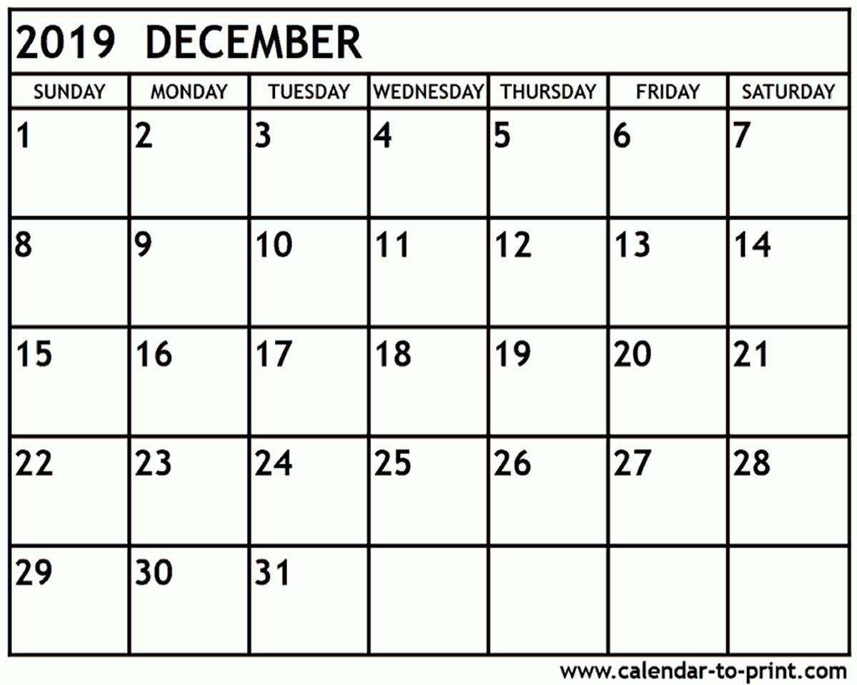 December 2019 Calendar Printable