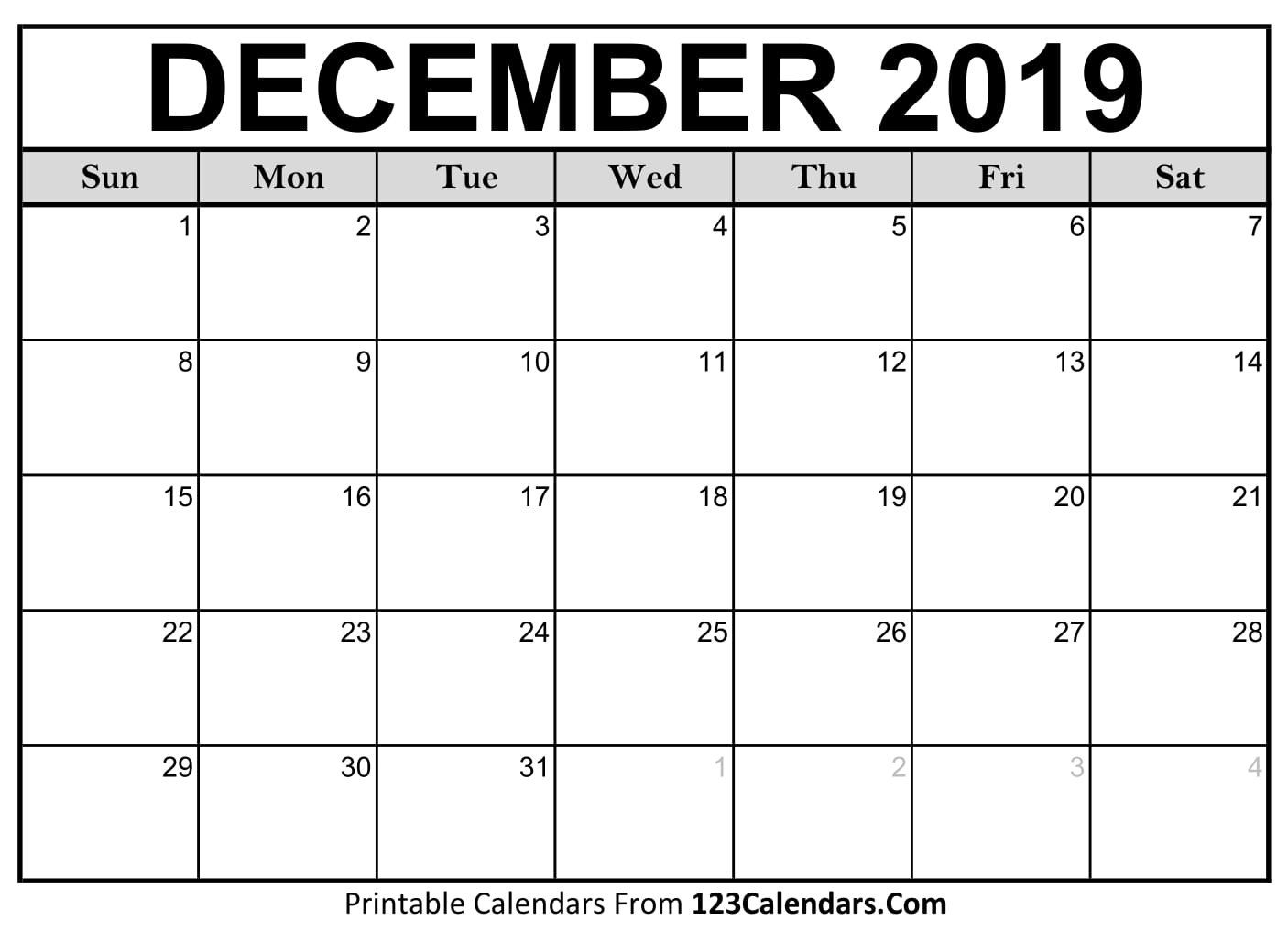 December 2019 Printable Calendar 123