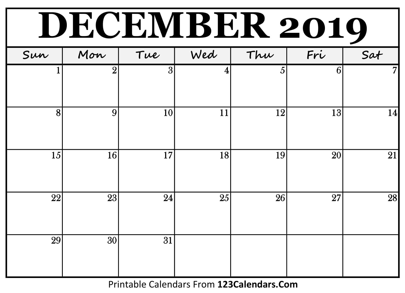 December 2019 Printable Calendar | 123Calendars
