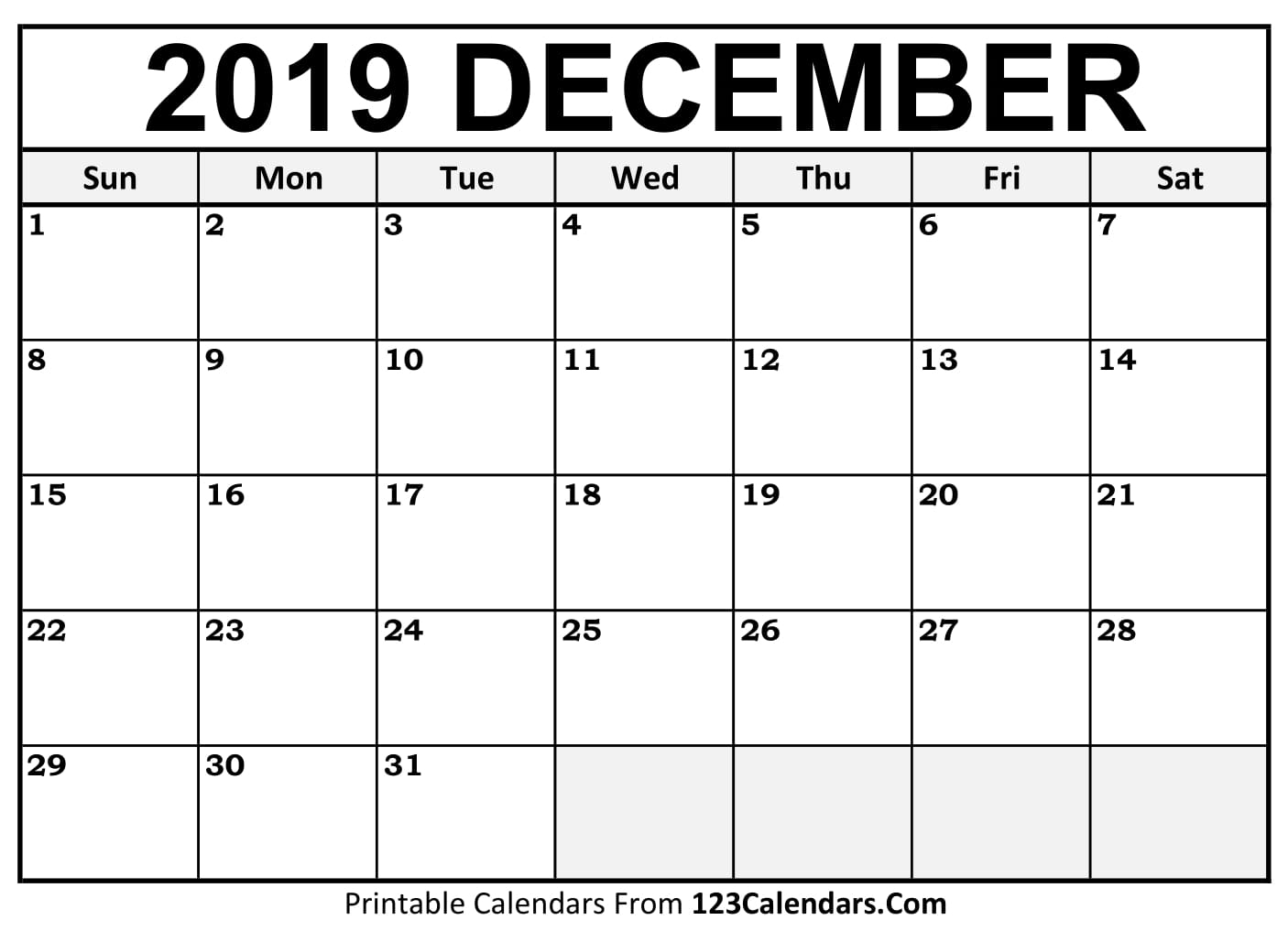 December 2019 Printable Calendar | 123Calendars