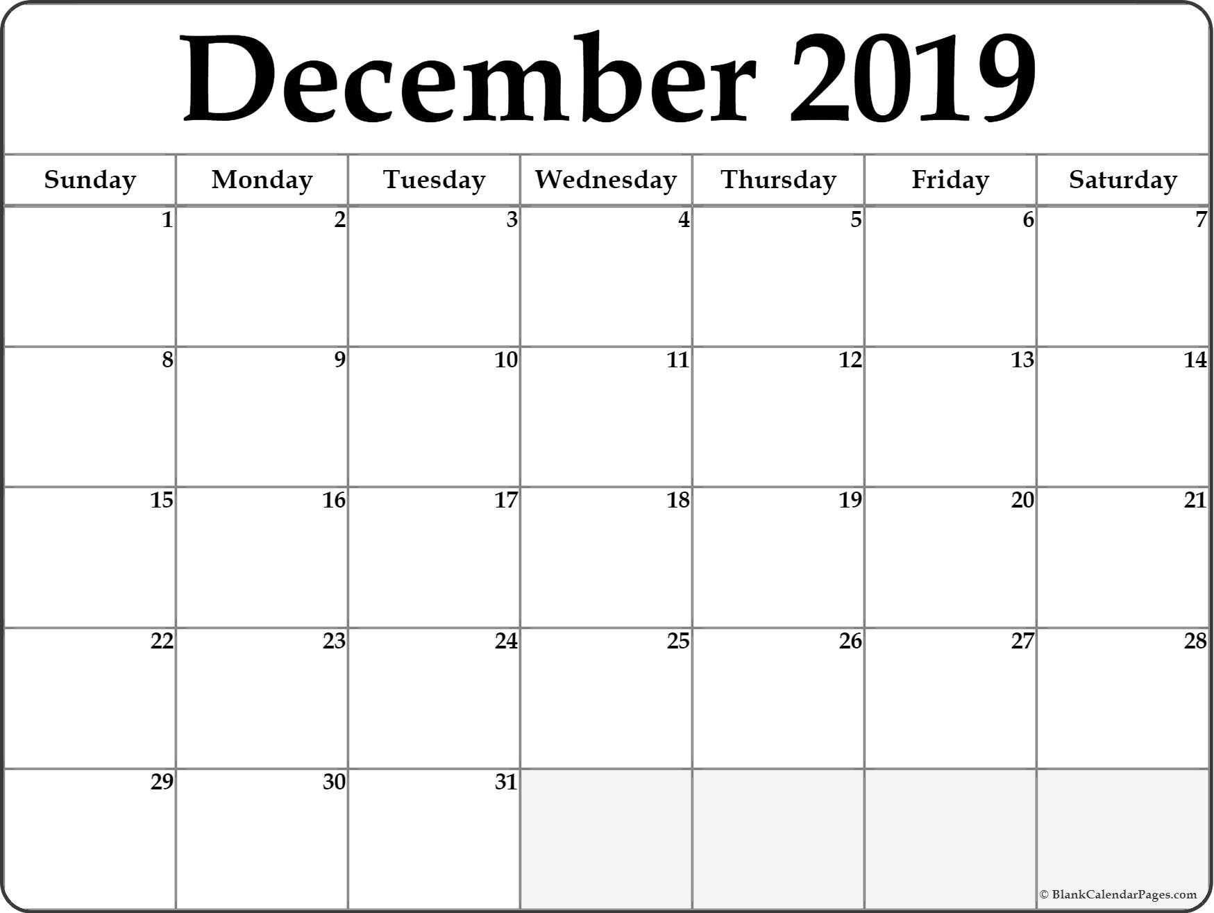 January Thru December 2019 Printable Monthly Calendar Example