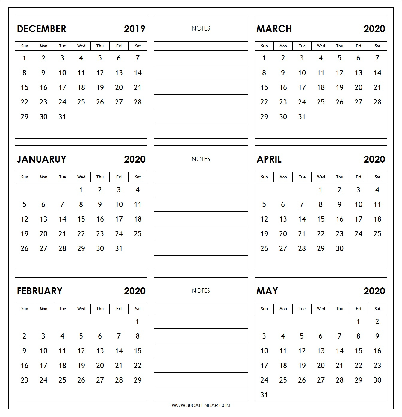 December 2019 To May 2020 Calendar Printable | 6 Month 2019