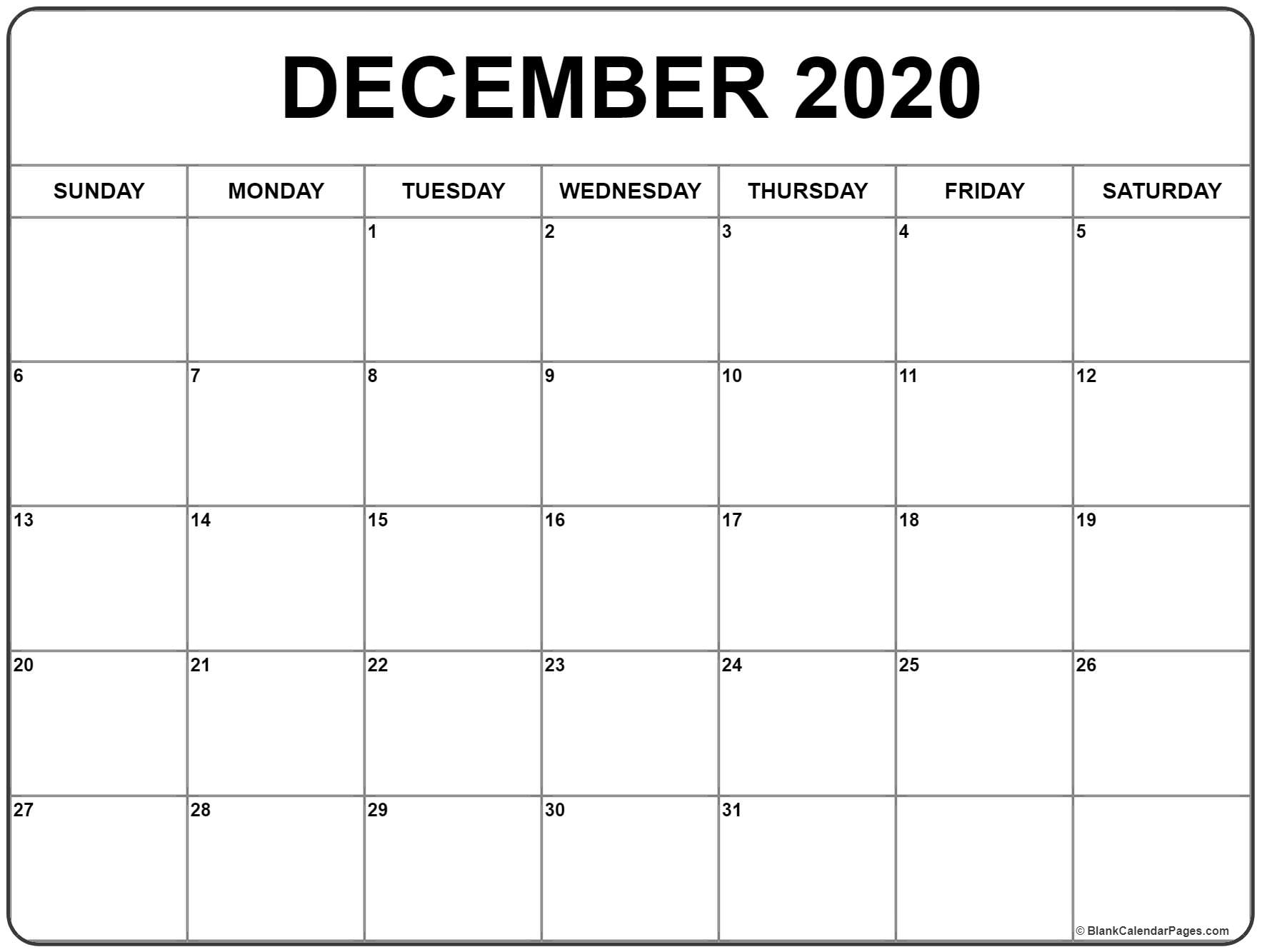 December 2020 Calendar | Free Printable Monthly Calendars