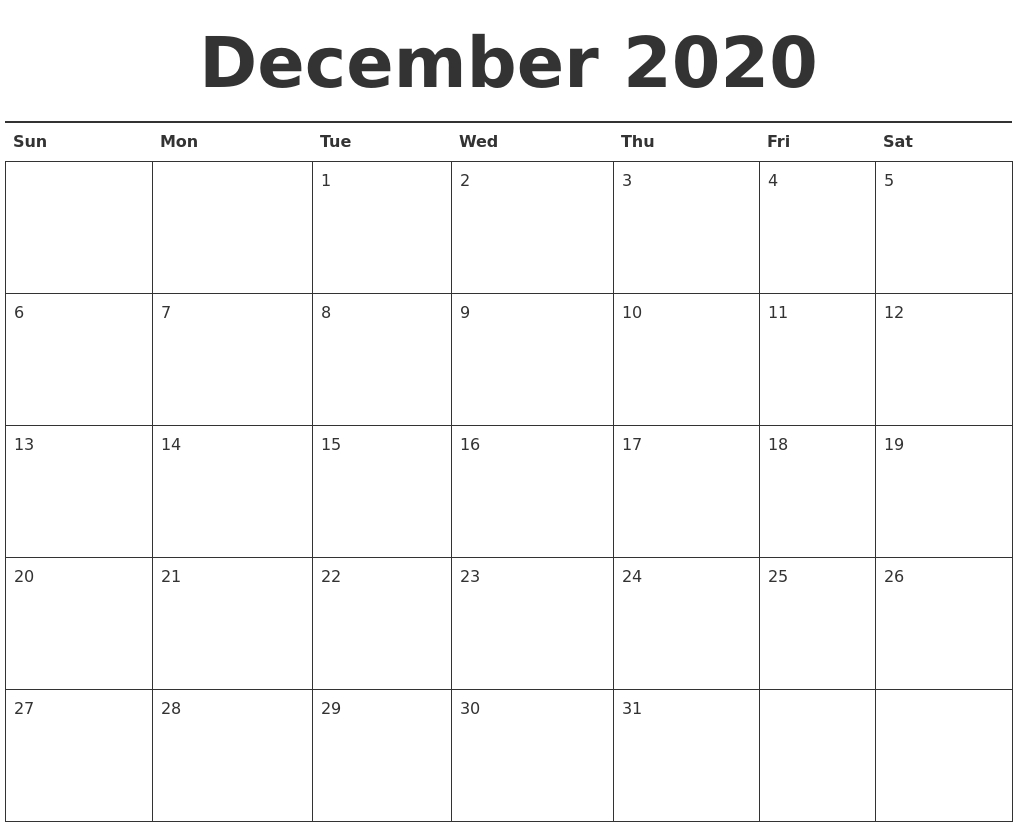 December 2020 Calendar Printable