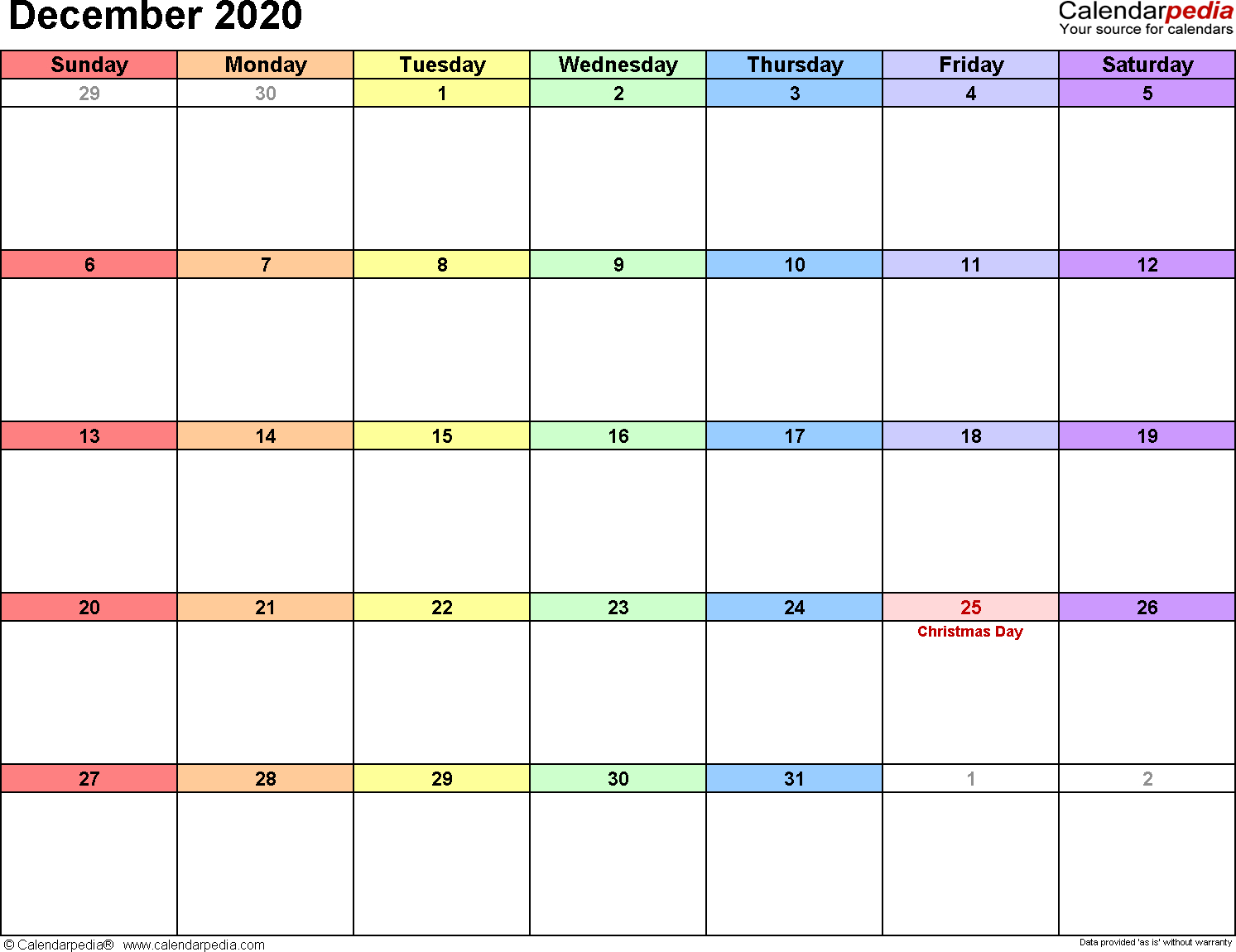 December 2020 Calendars For Word, Excel &amp; Pdf