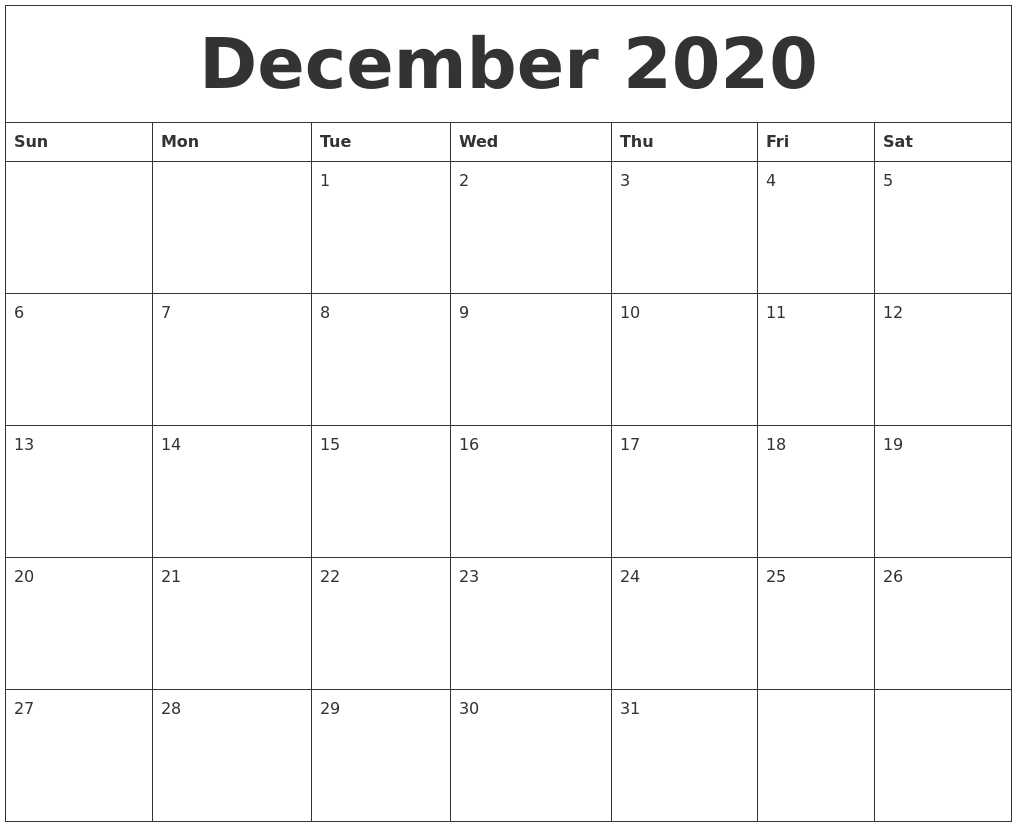 December 2020 Free Printable Calendar Templates