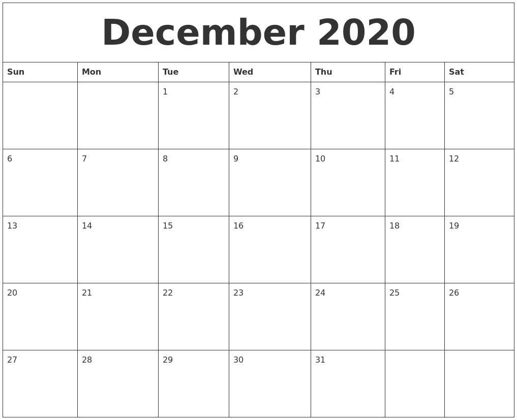 December 2020 Printable Calendar Templates