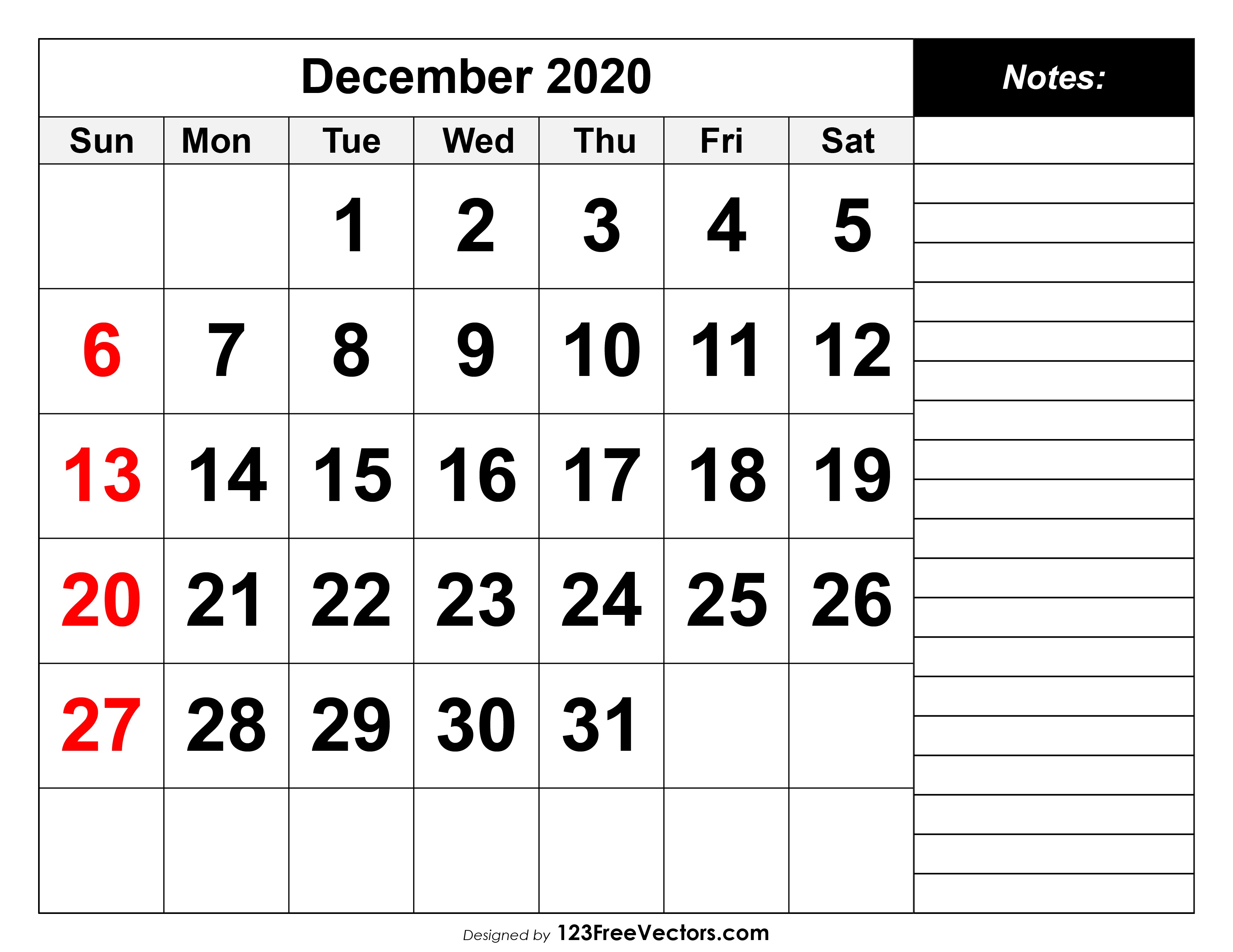 December 2020 Printable Calendar