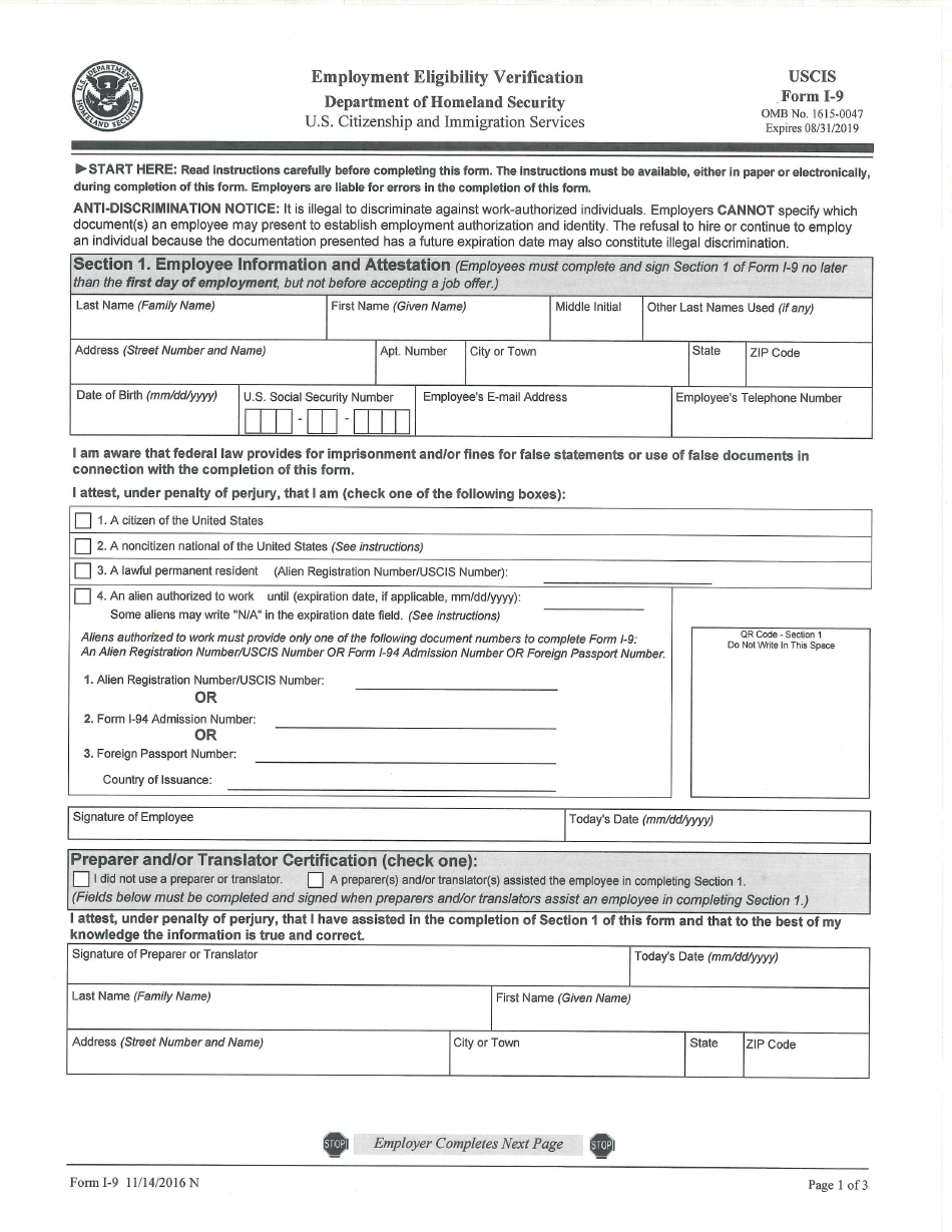 Department Of Homeland Security - Form I-9 Employment