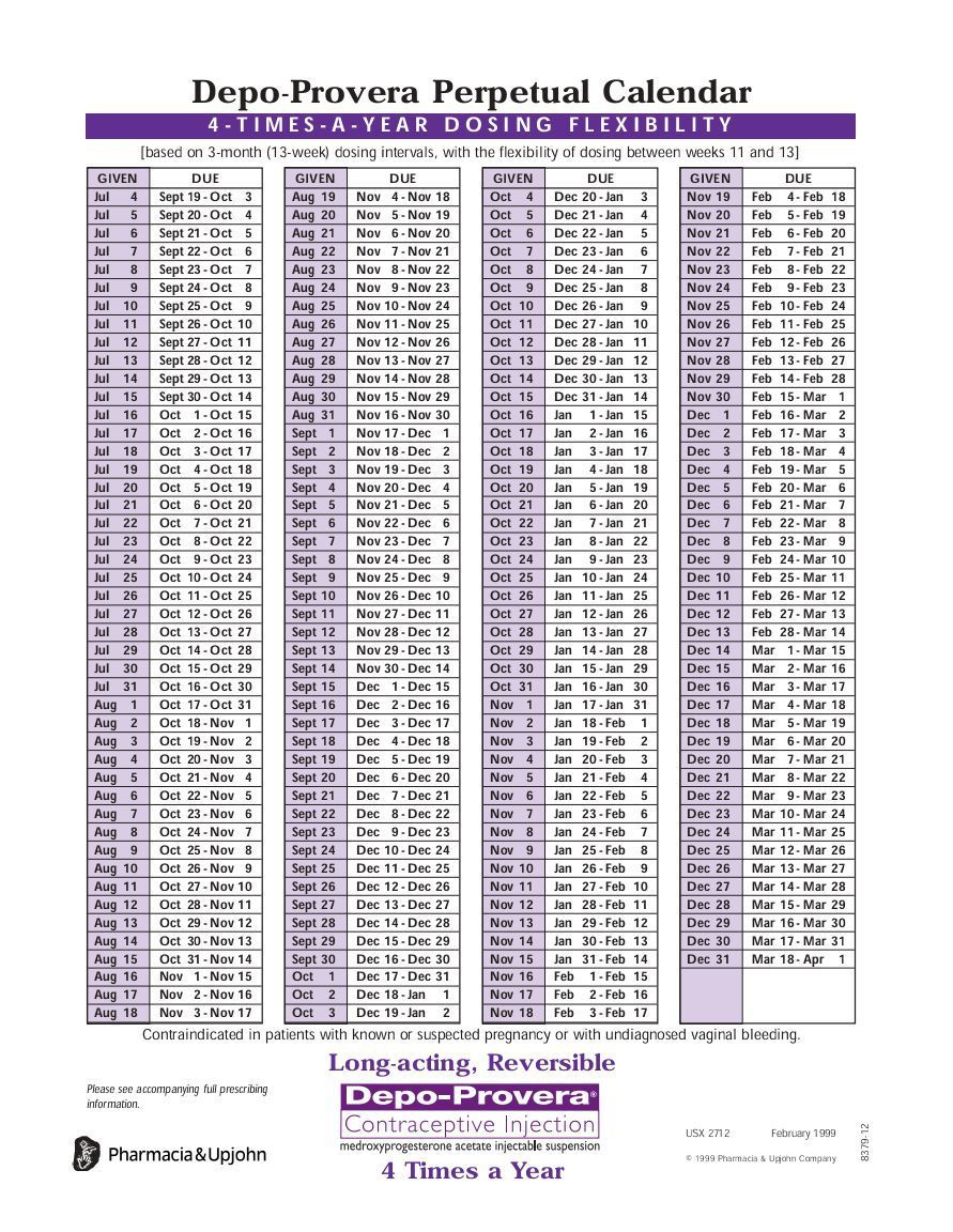 Depo Provera Injection Calendar Printable 2020