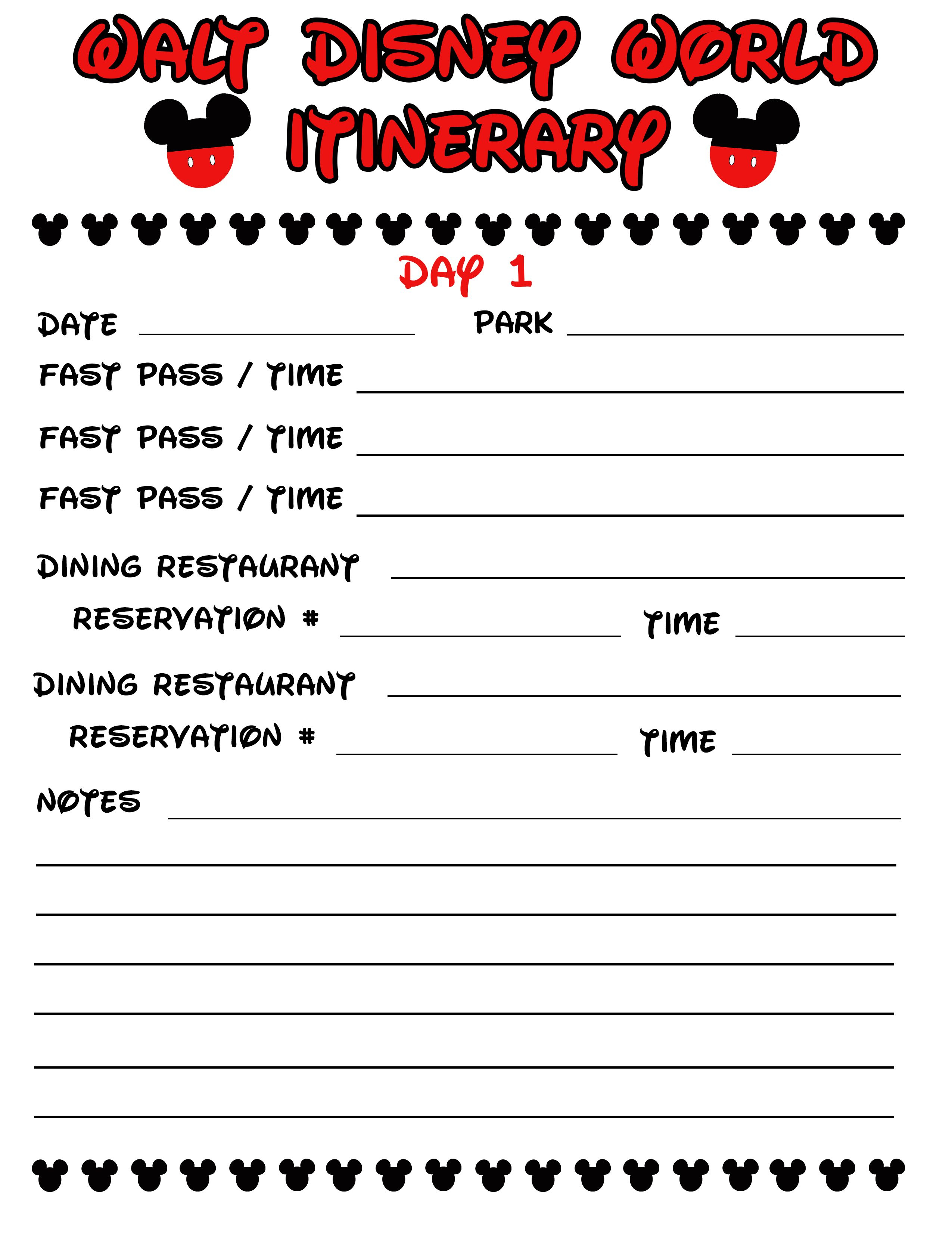 Disney Agenda &amp; Itinerary Free Printable | Disney | Disney