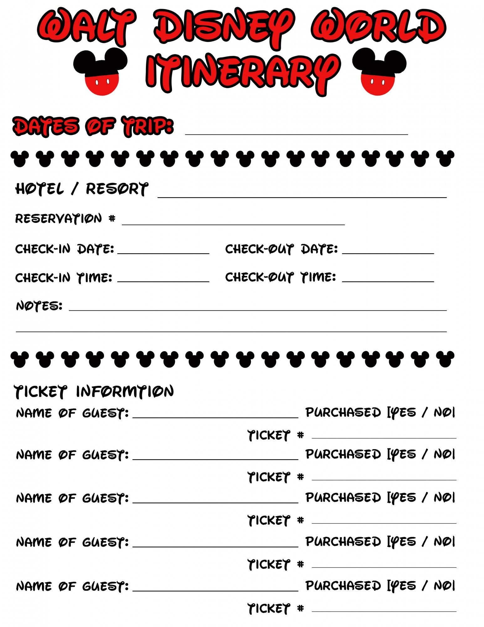 Disney Agenda &amp; Itinerary Free Printable | Disney Vacation