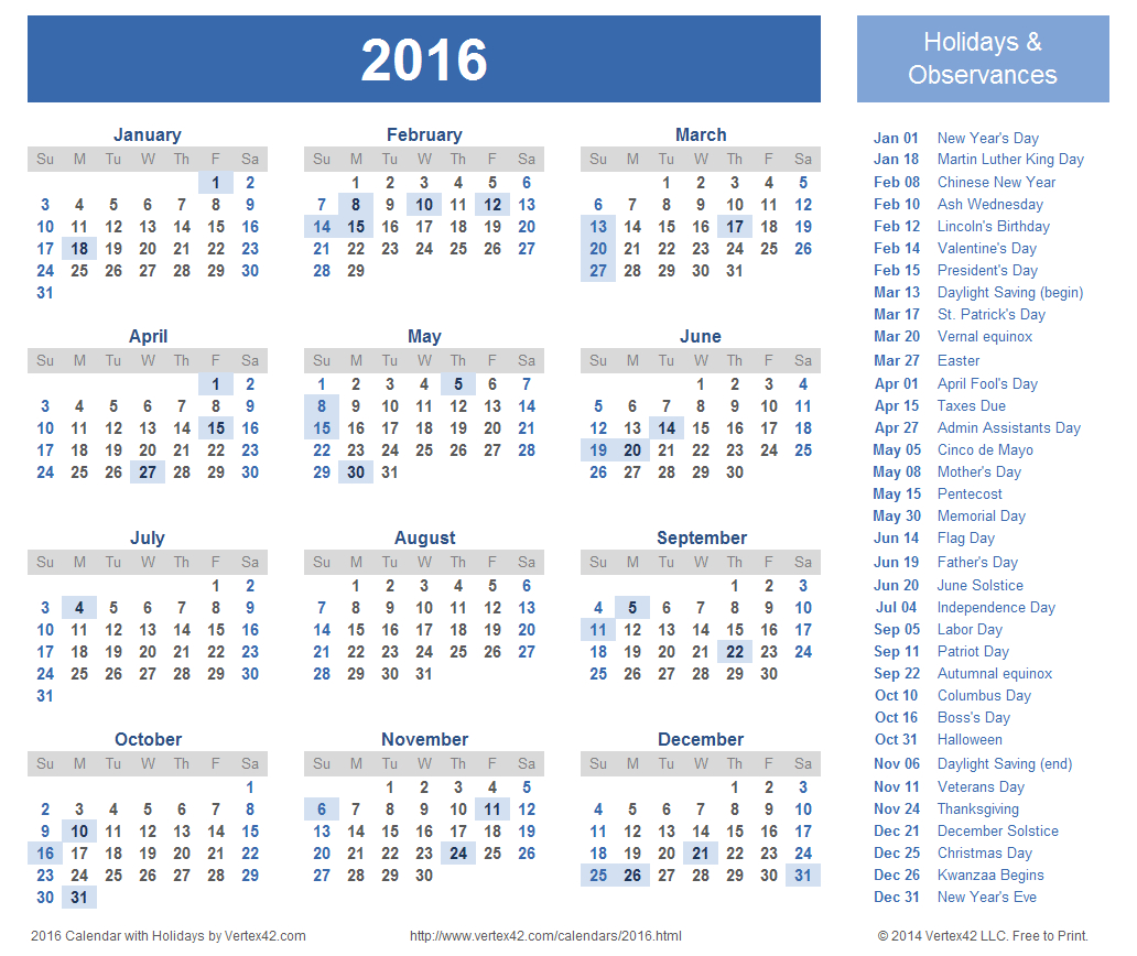 Download A Free Printable 2016 Holiday Calendar From