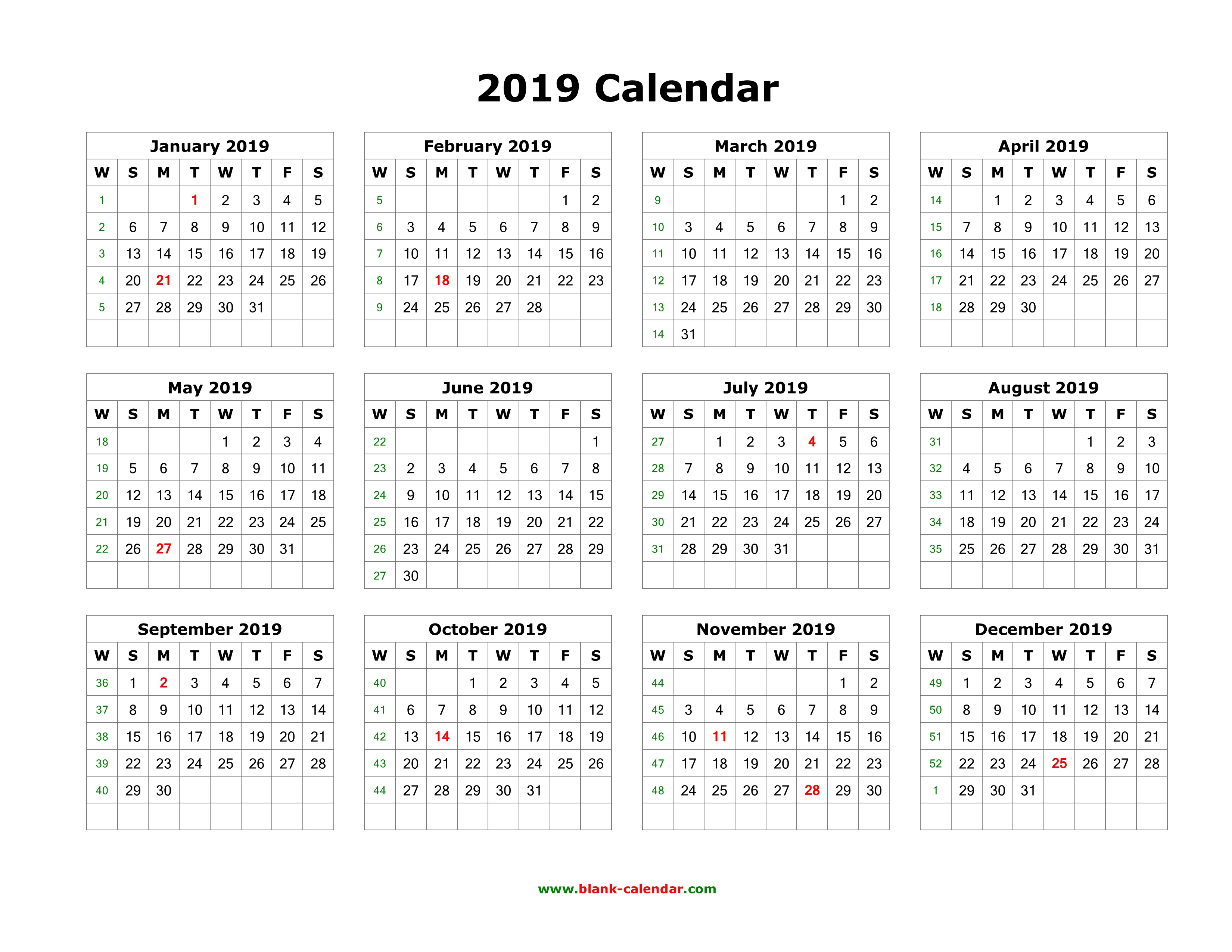 Download Blank Calendar 2019 (12 Months On One Page, Horizontal)