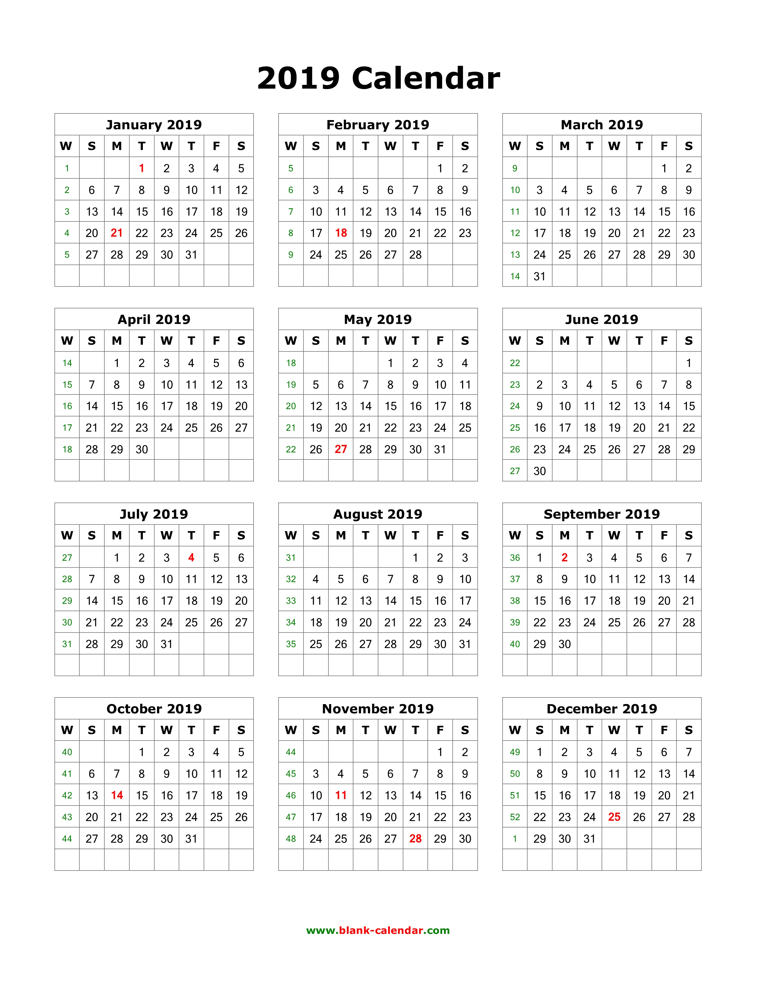 Download Blank Calendar 2019 (12 Months On One Page, Vertical)