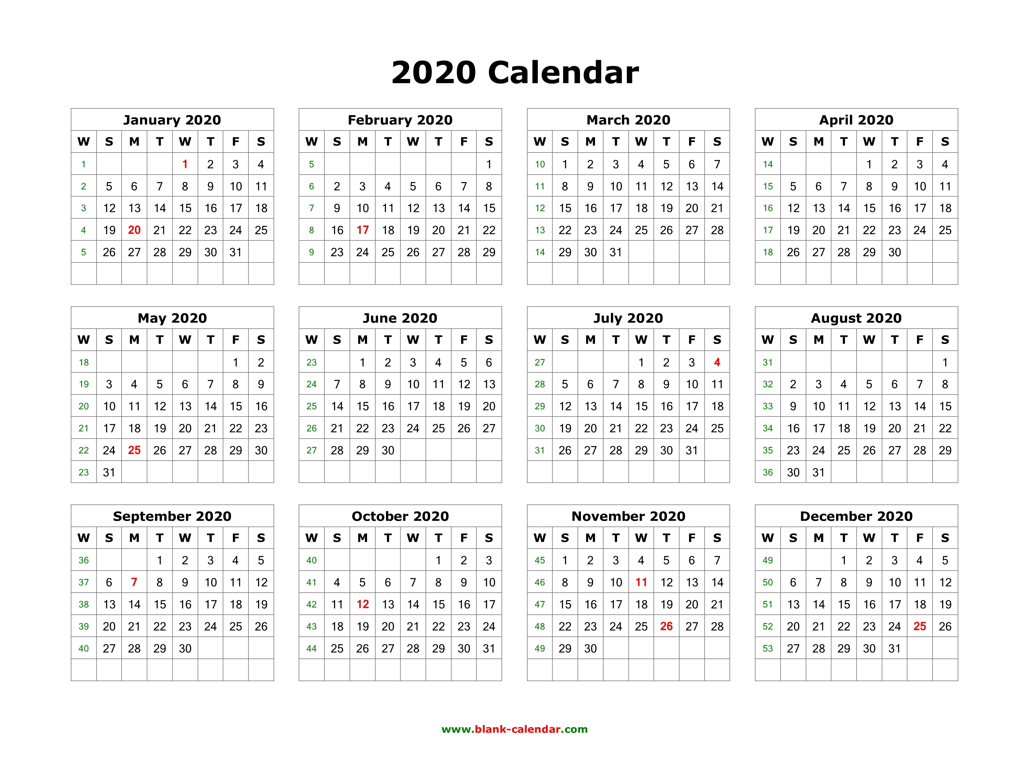 Download Blank Calendar 2020 12 Months On One Page
