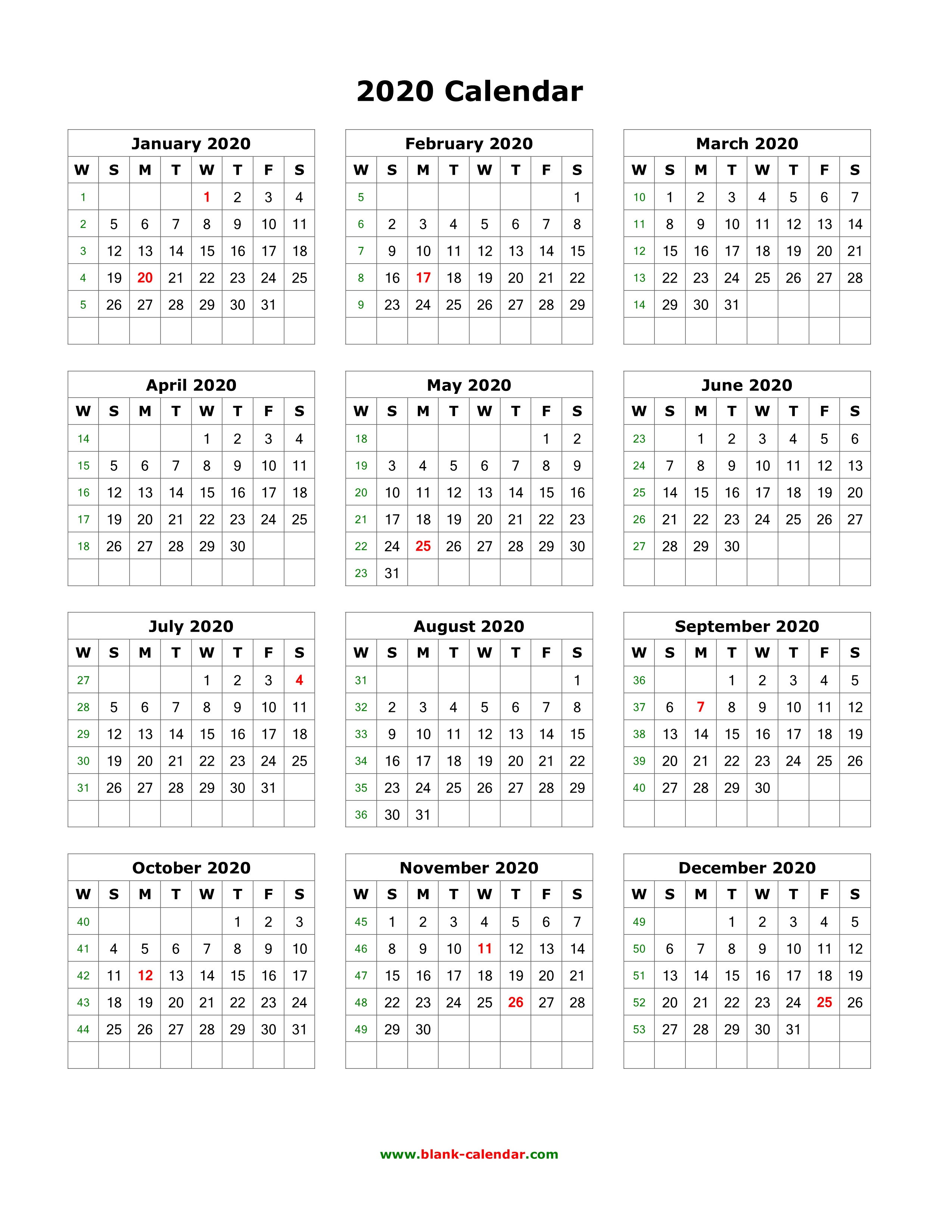 Download Blank Calendar 2020 (12 Months On One Page, Vertical)