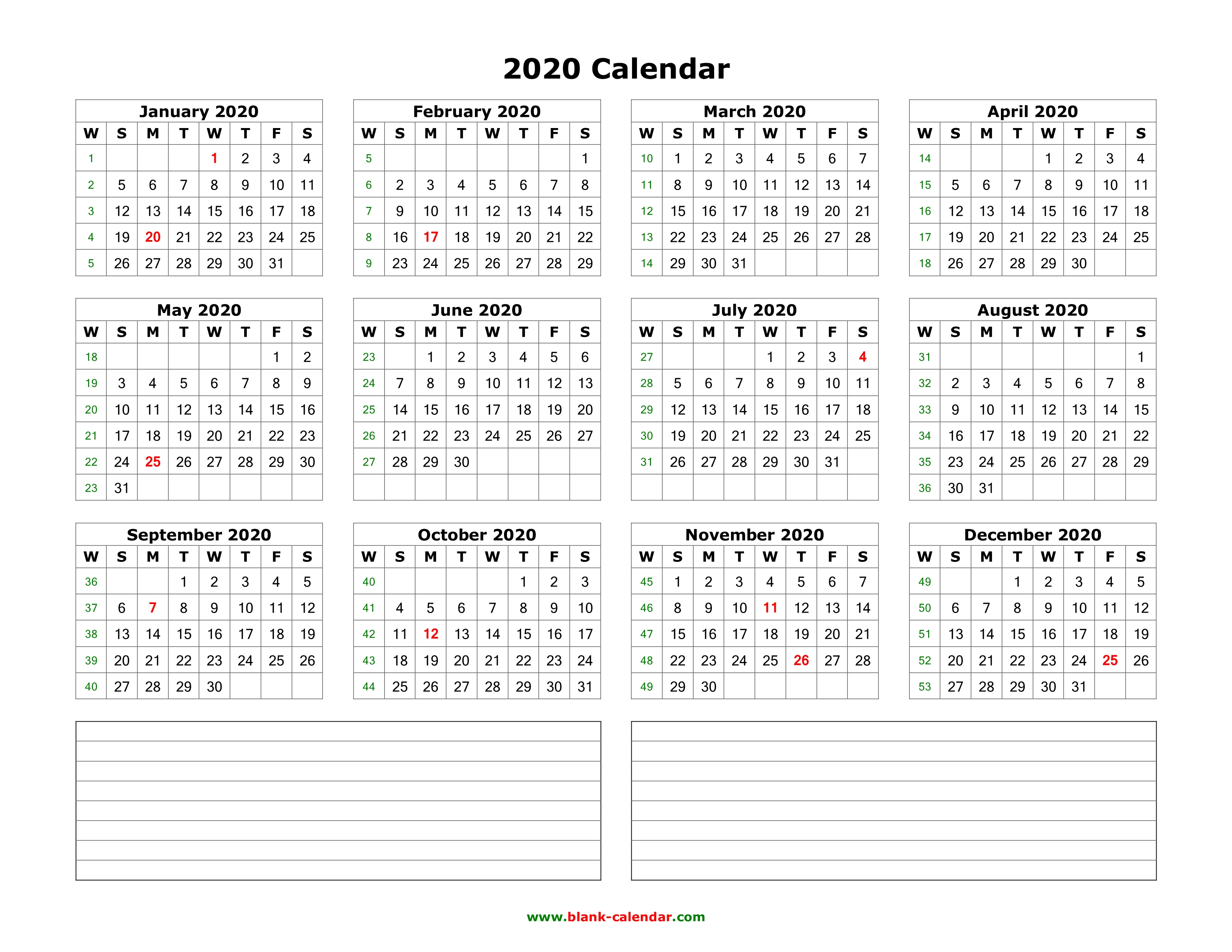 Download Blank Calendar 2020 With Space For Notes (12 Months