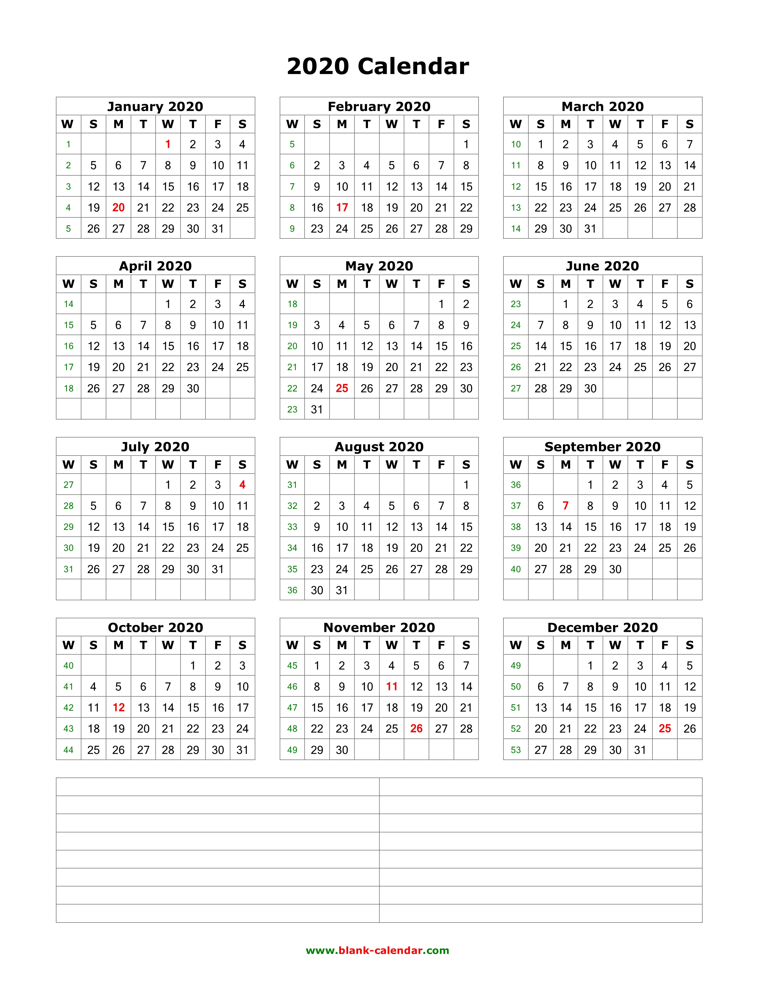 Download Blank Calendar 2020 With Space For Notes (12 Months