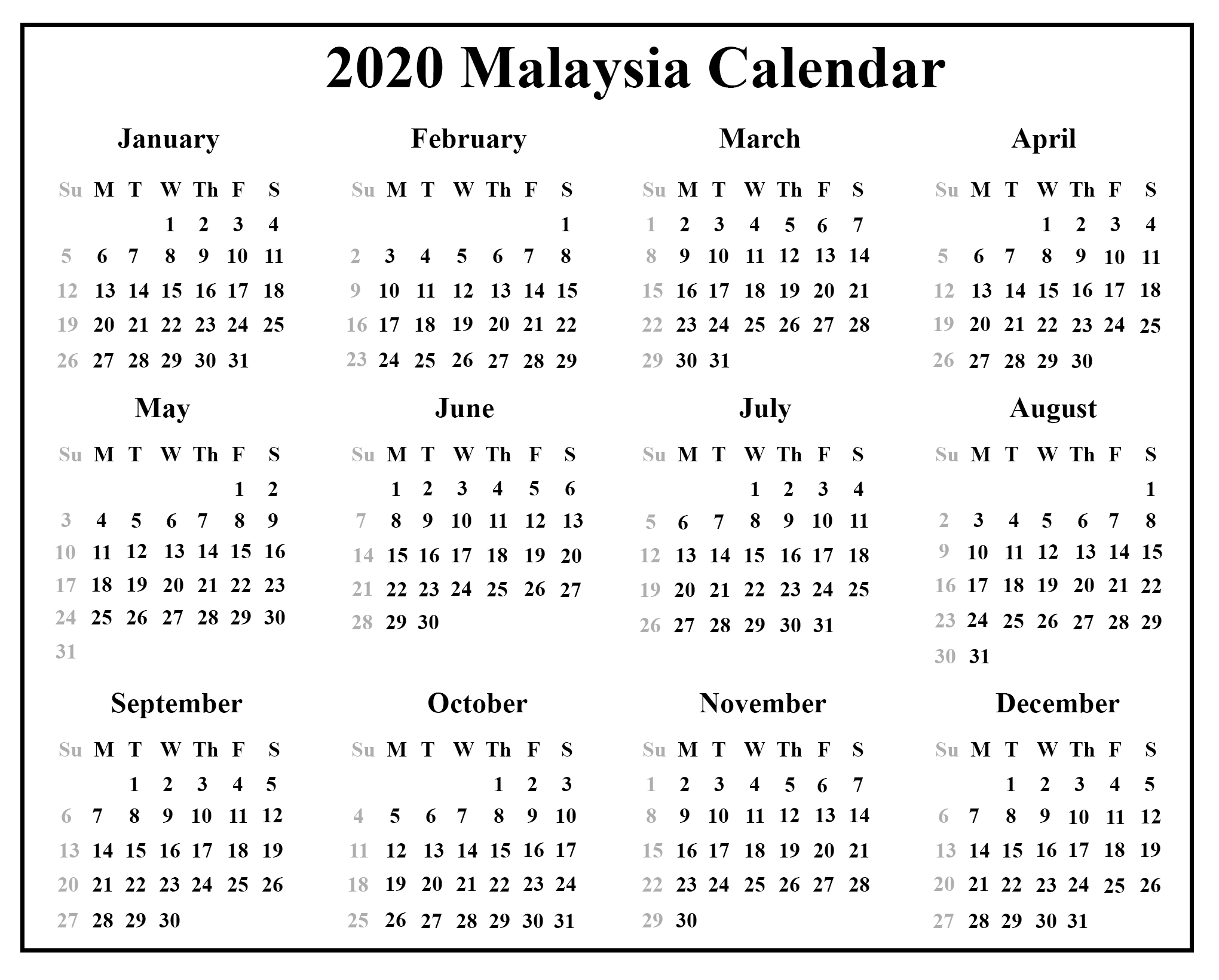 Download Free Blank Malaysia Calendar 2020 Template In Pdf