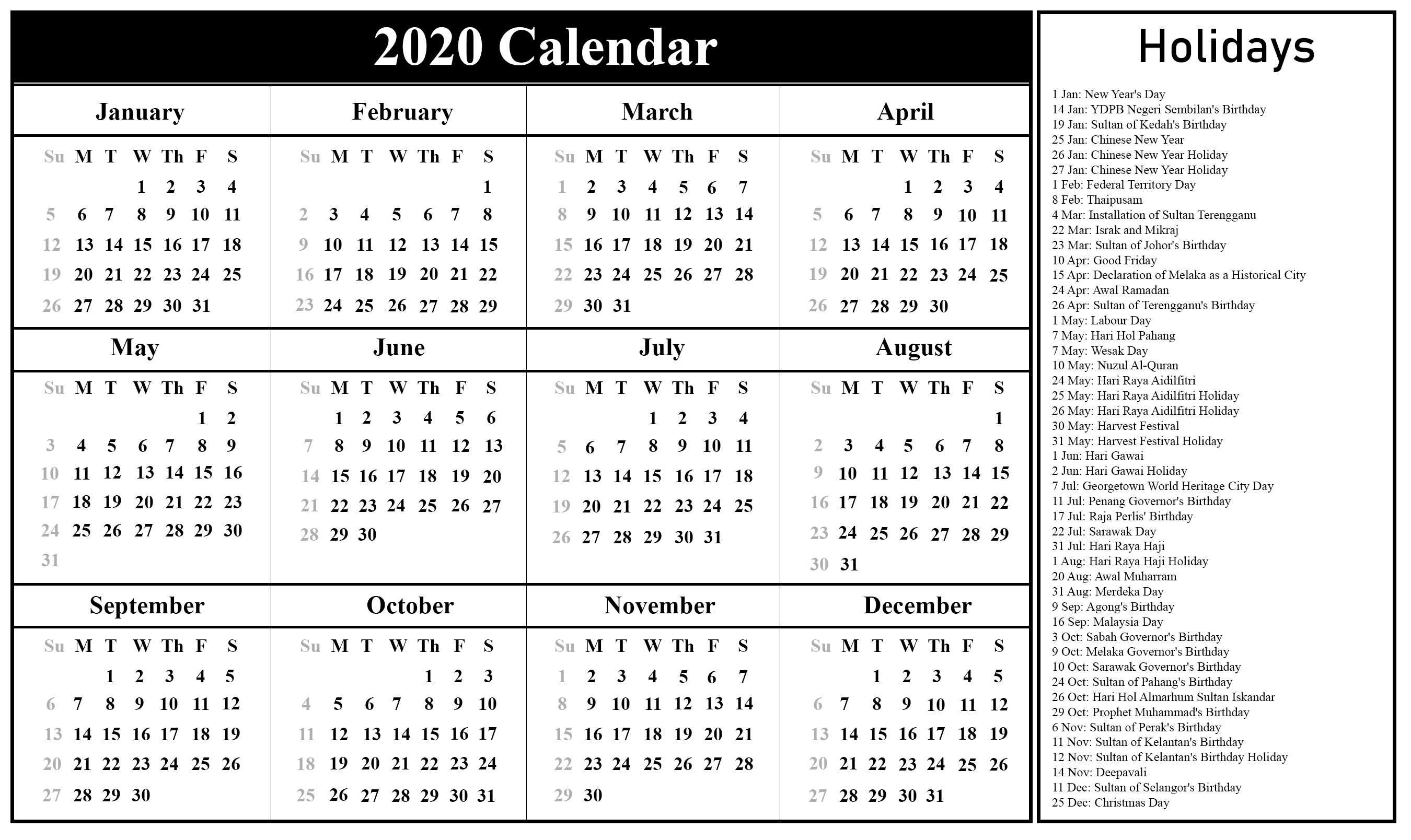 Download Free Blank Malaysia Calendar 2020 Template In Pdf