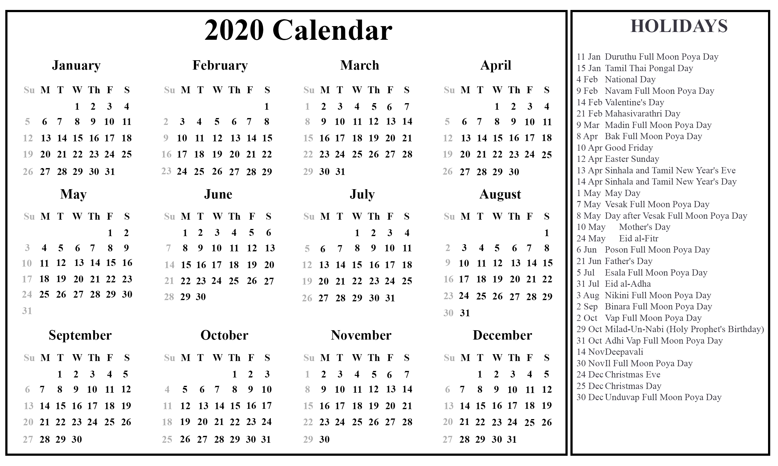 Download Free Sri Lanka Calendar 2020 In Pdf, Excel &amp; Word
