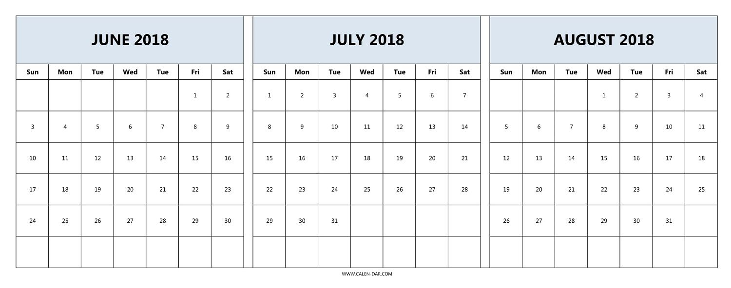 Download June July August 2018 Calendar Printable Free