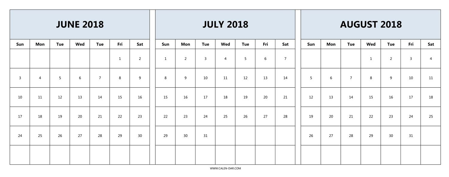 Blank June July August Calendar