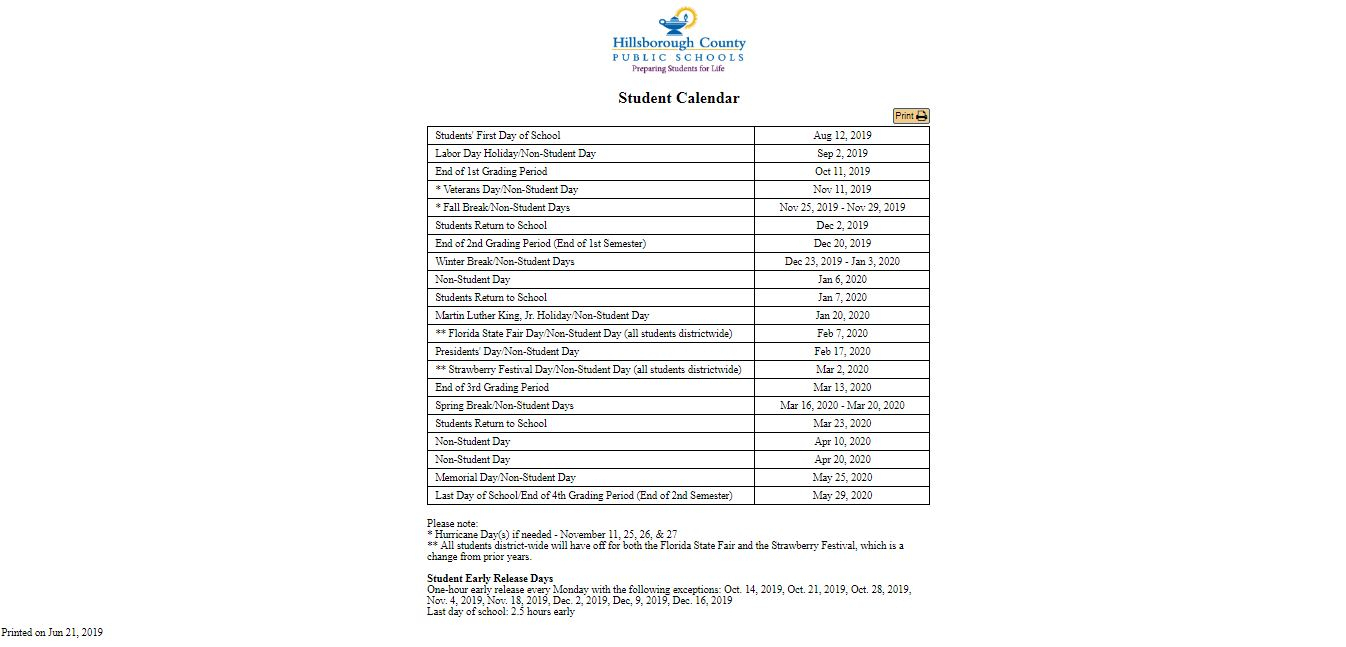 2020 Hillsborough County School Printable Calander | Example Calendar