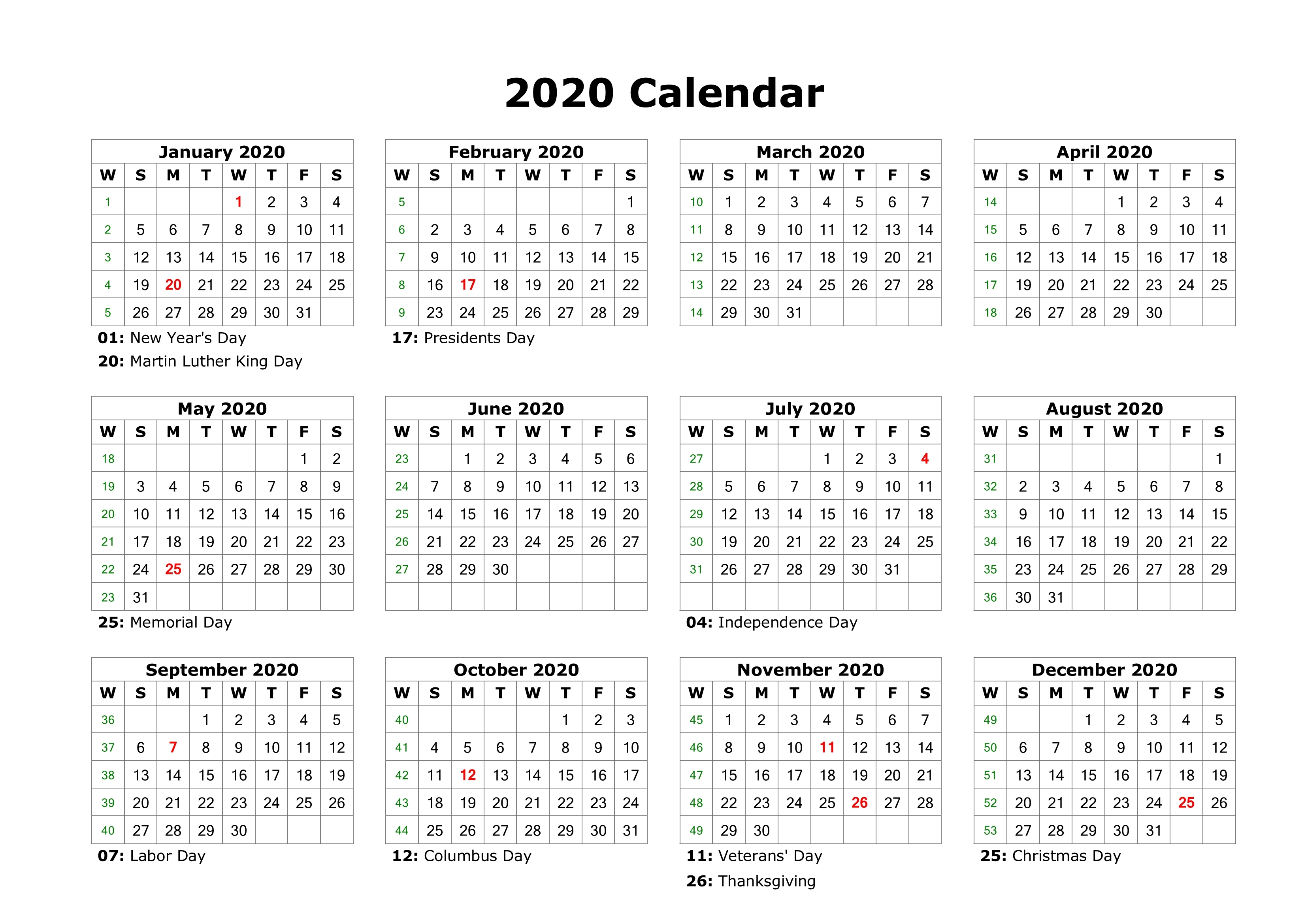 Editable 2020 Calendar Printable Template Blank With Notes