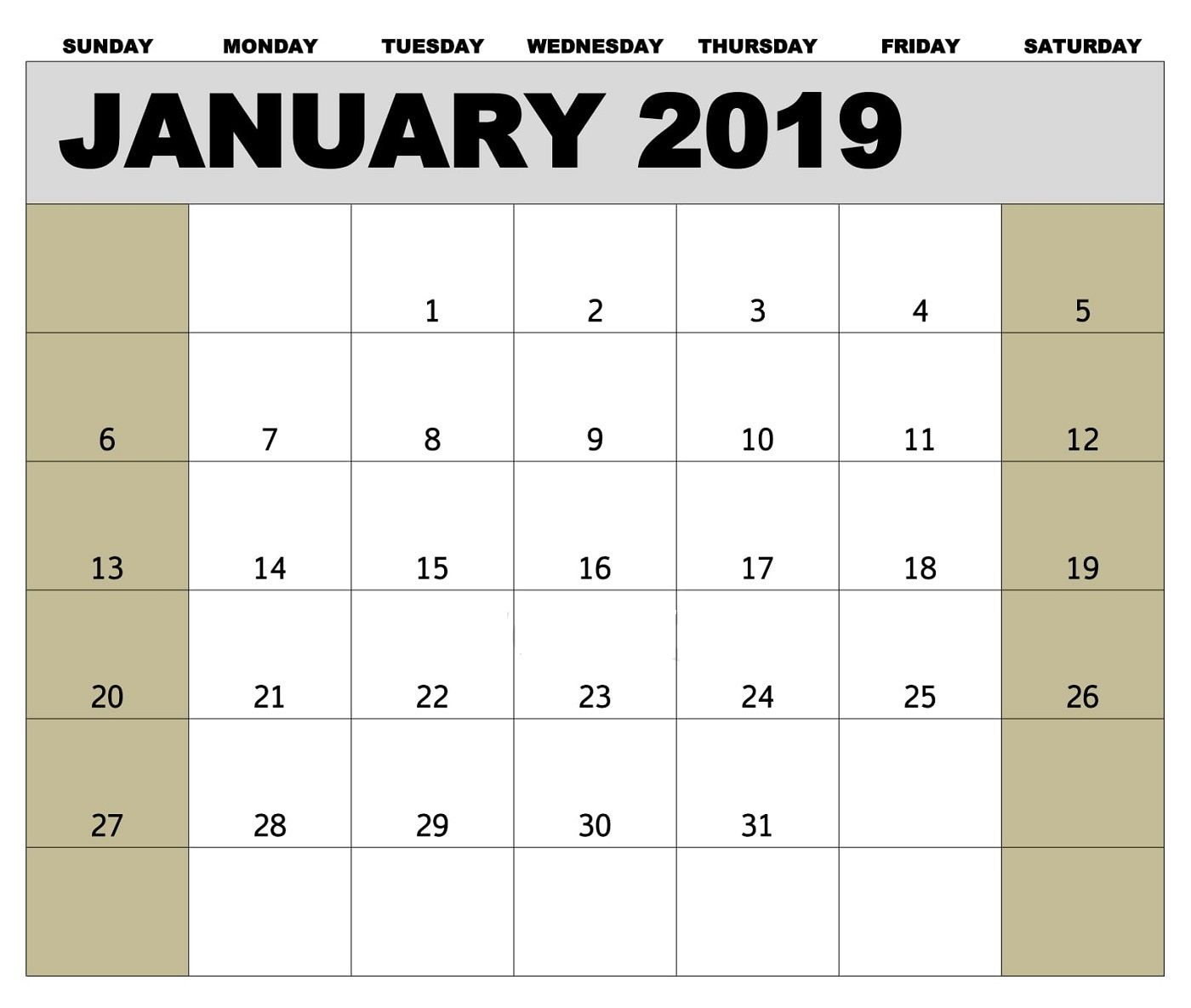 Editable January 2019 Calendar Template #januarycalendar