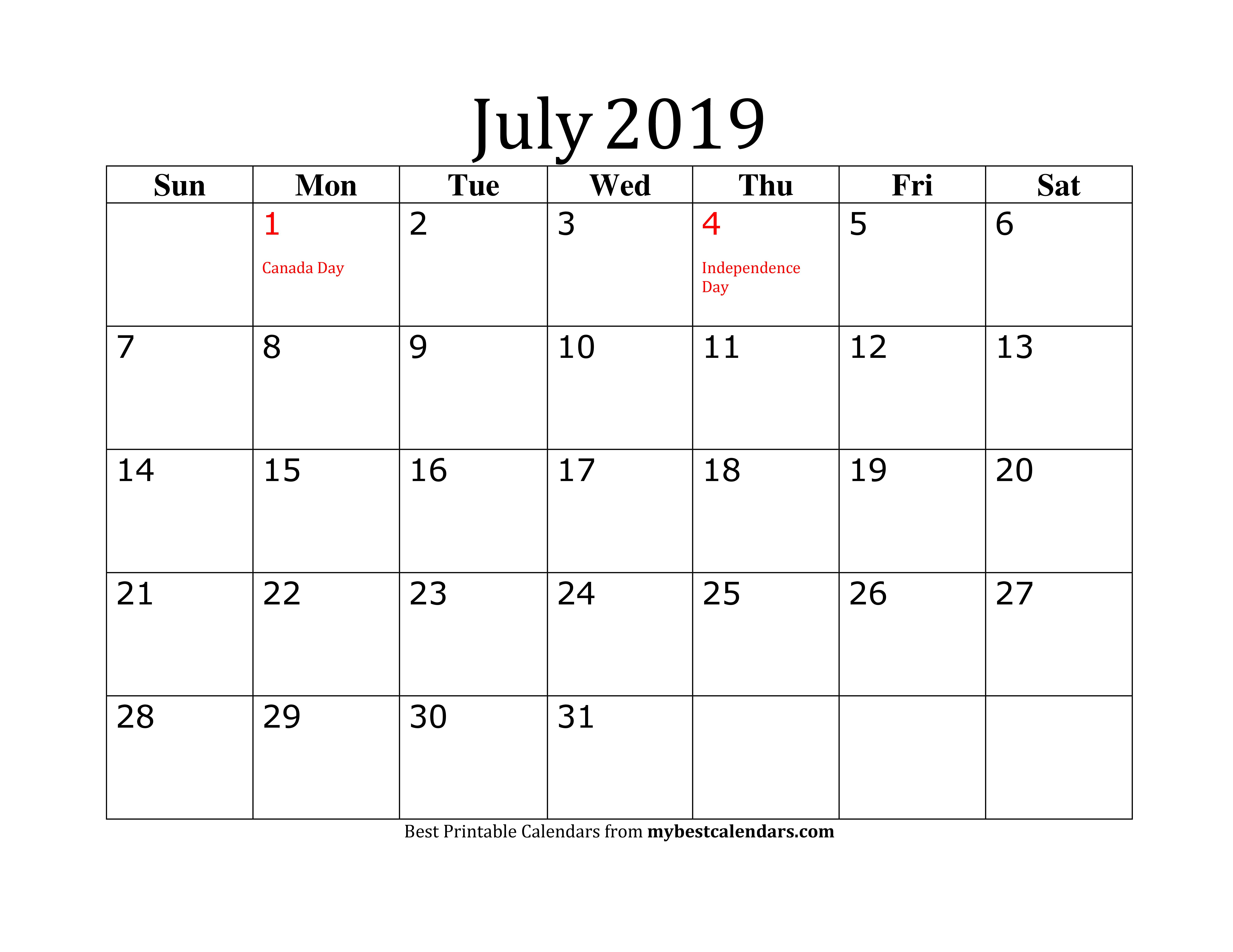 Editable July 2019 Calendar In Pdf, Word, Excel - Printable