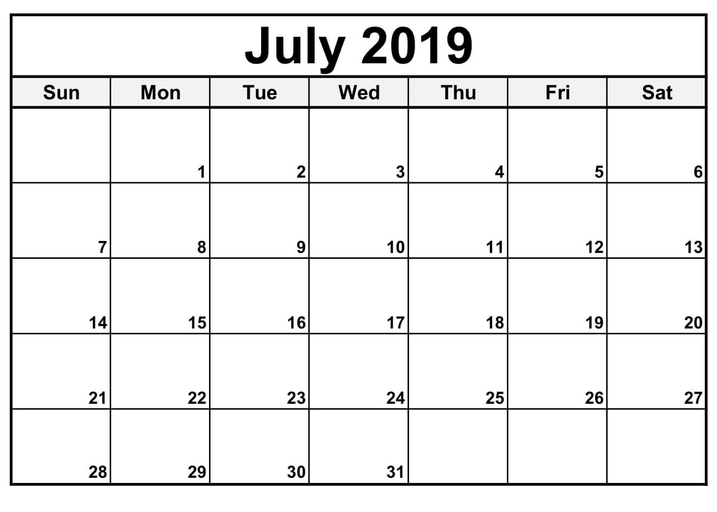 Editable July 2019 Calendar Printable Template