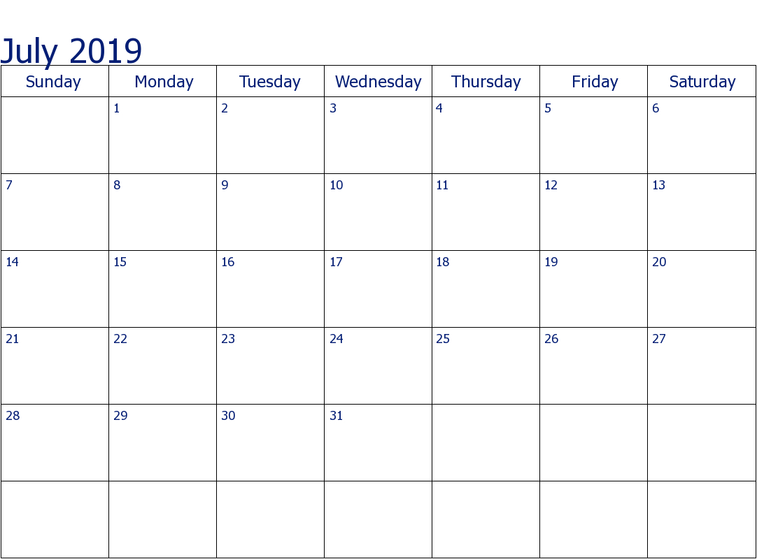 Editable July 2019 Calendar Weekly, Monthly Template