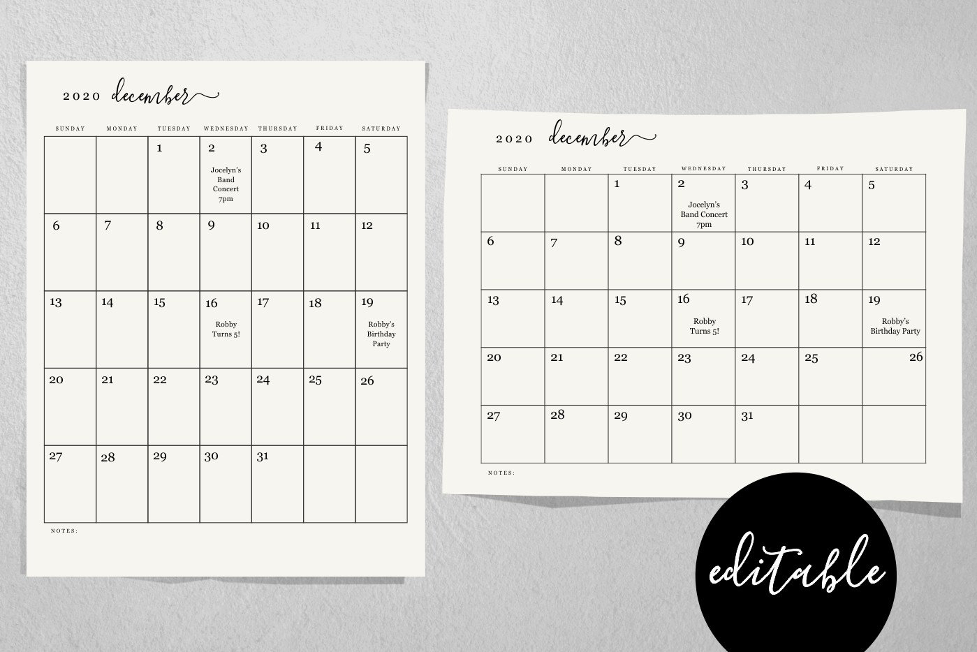 Editable Monthly Calendar Template - Printable 2019 And 2020 Desk Month  Calendar - Simple Black &amp; White - Pdf Instant Download Digital File