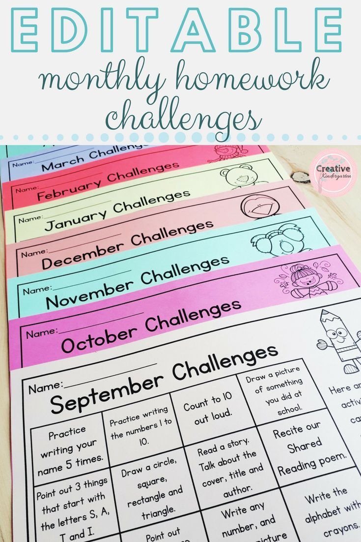 Editable Monthly Homework Challenges For Kindergarten