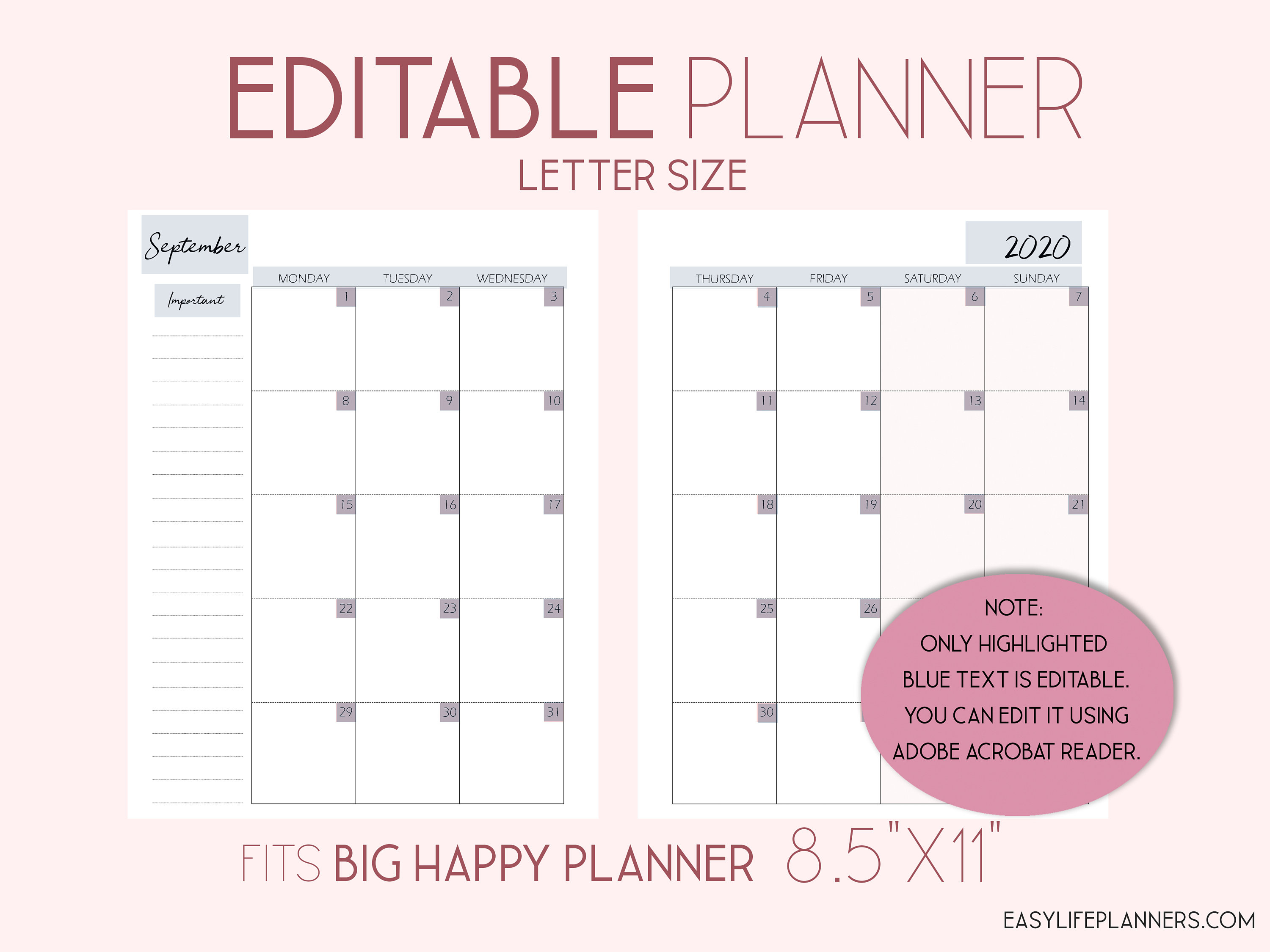 Editable Planner, 2020 Monthly Planner Pages, Monthly Layout