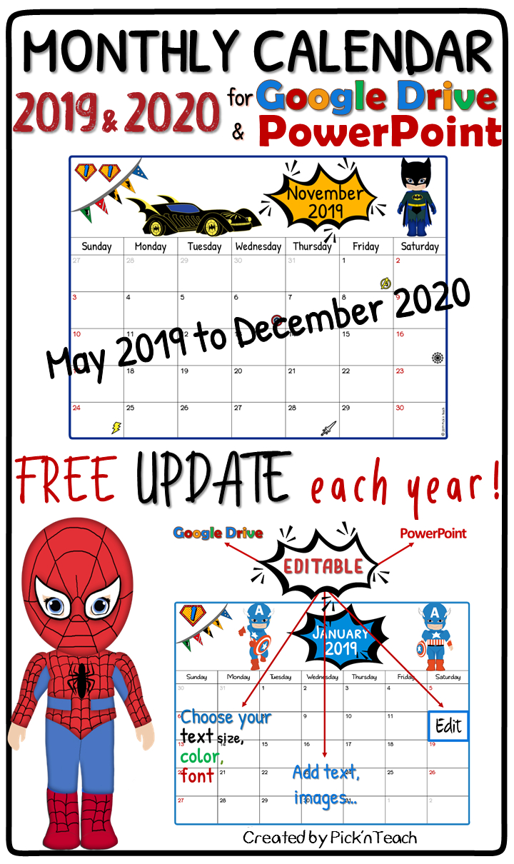 Editable Superhero Monthly Calendar 2019 &amp; 2020 - Planner