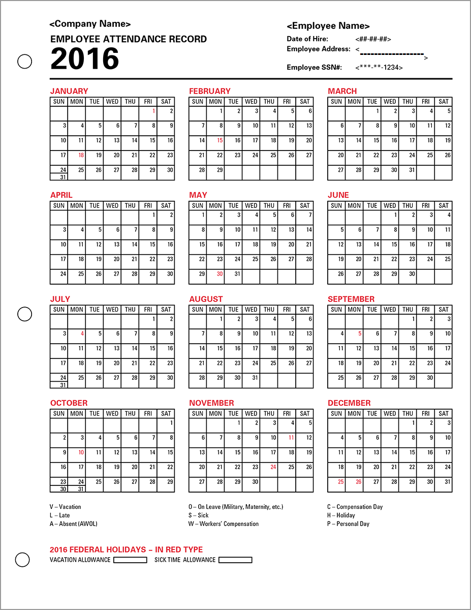 Employee Attendance Calendar 2016, Tracker Templates 2016