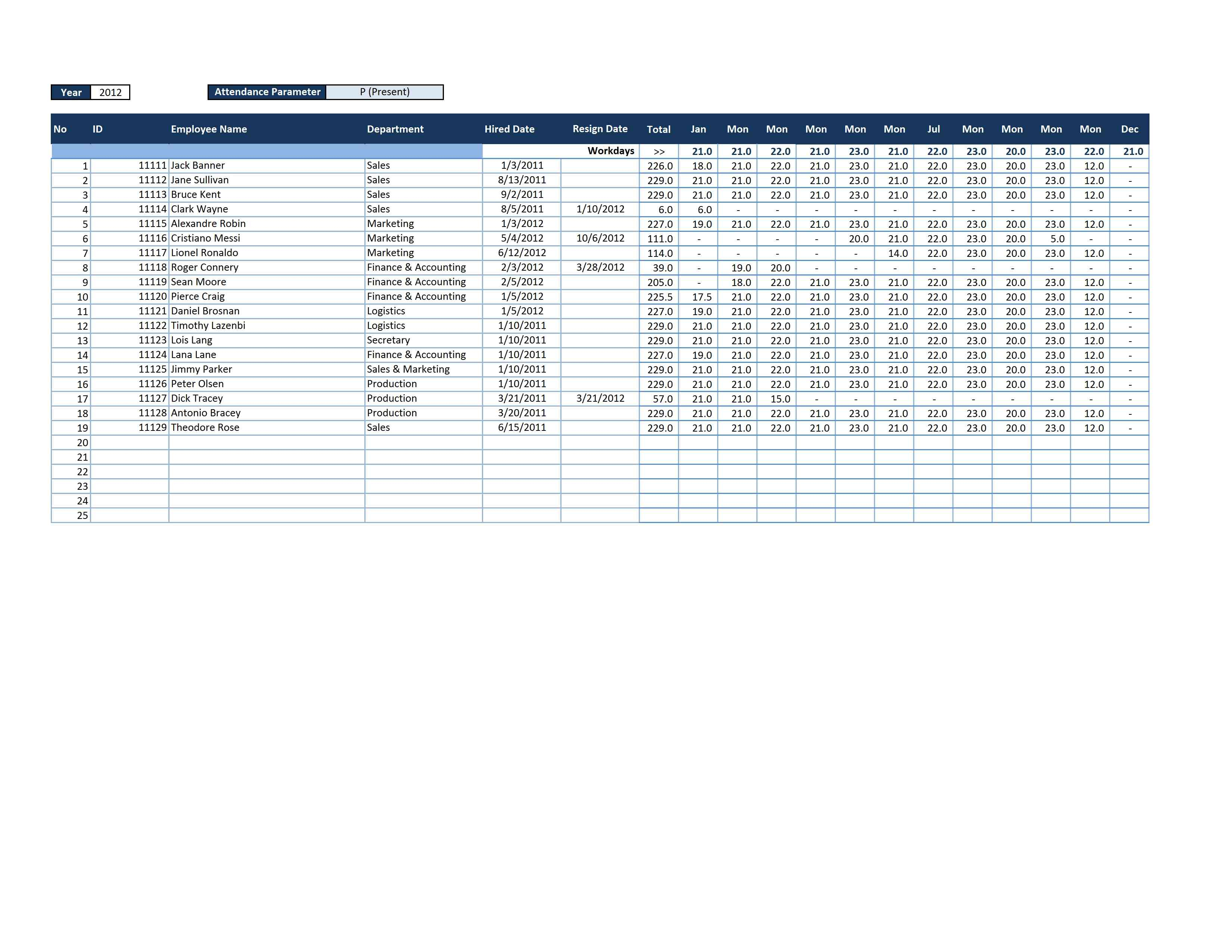 Employee Attendance Calendar