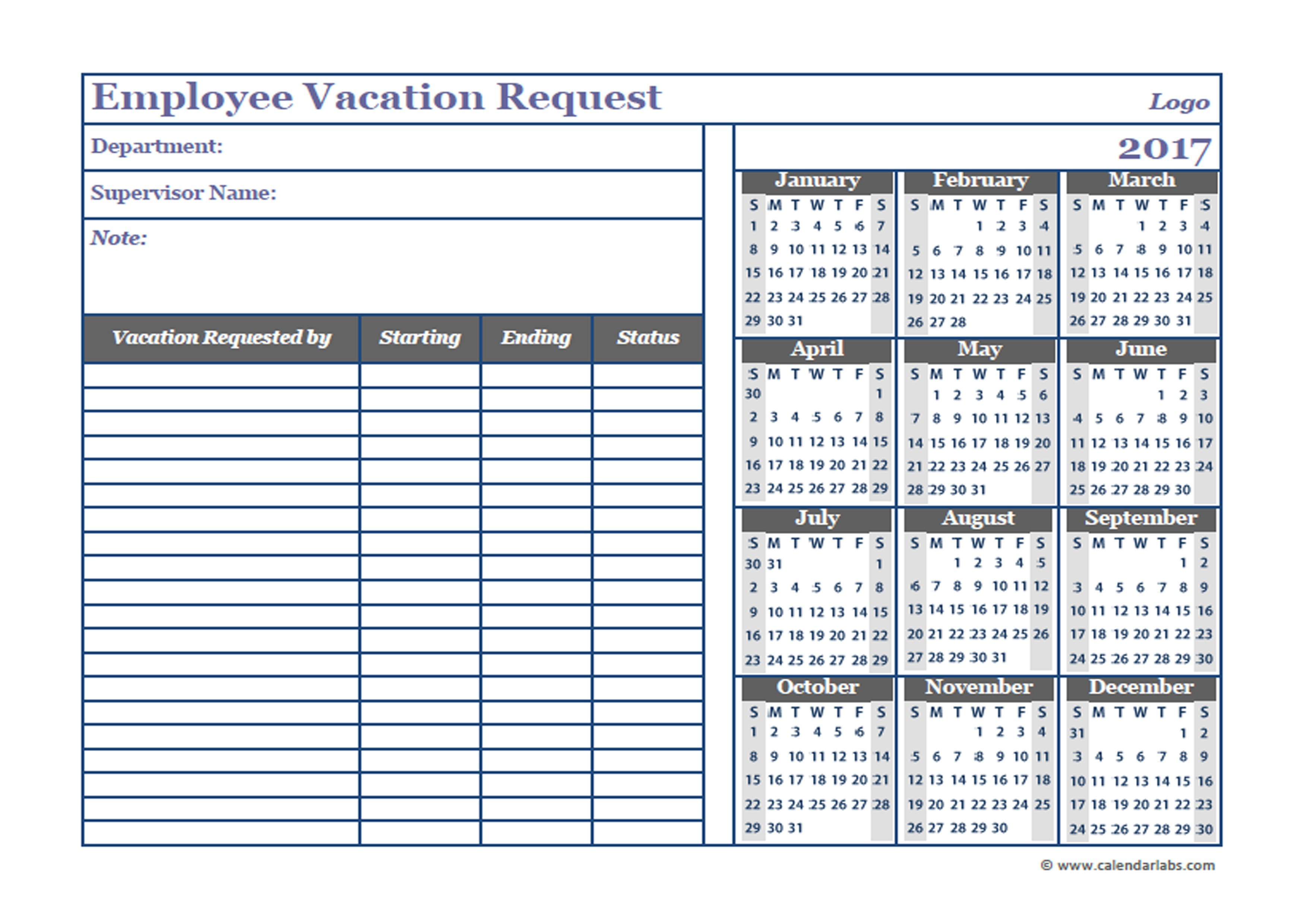 Employee Vacation Calendar Template Example Calendar Printable