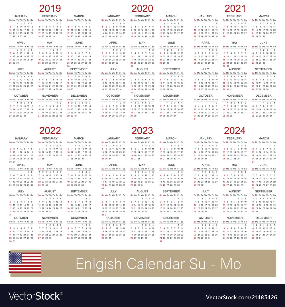 English Calendar 2019 - 2024 Vector Image