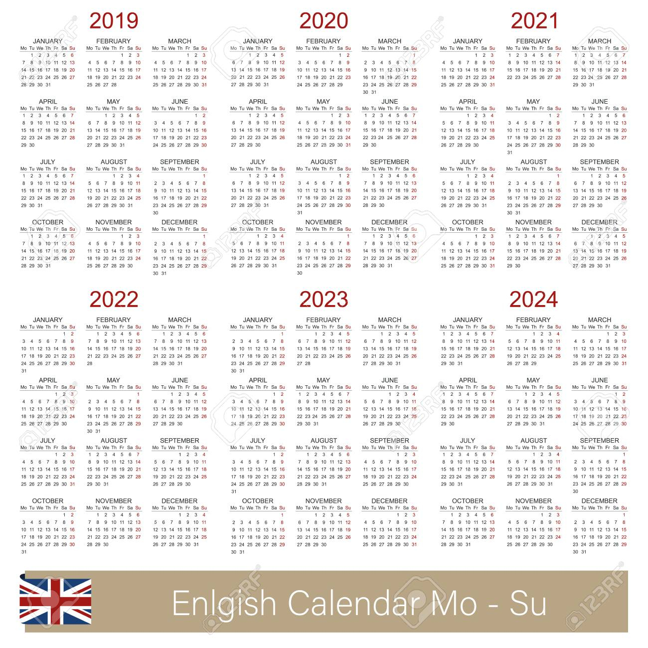 English Calendar 2019 - 2024, Week Starts On Monday, Simple Calendar..