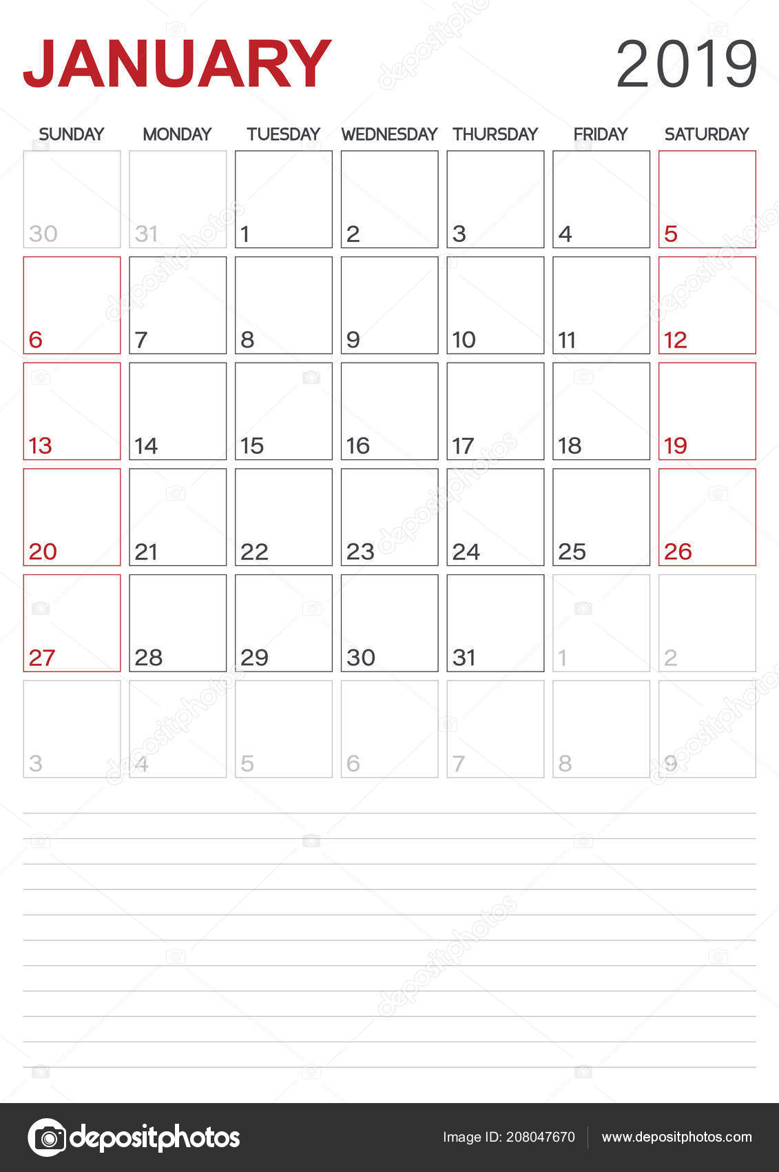 English Calendar 2019 Monthly Planner Calendar January 2019