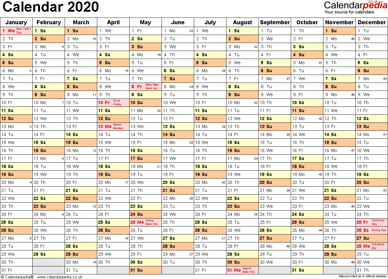 Excel Calendar 2020 (Uk): 16 Printable Templates (Xlsx, Free)