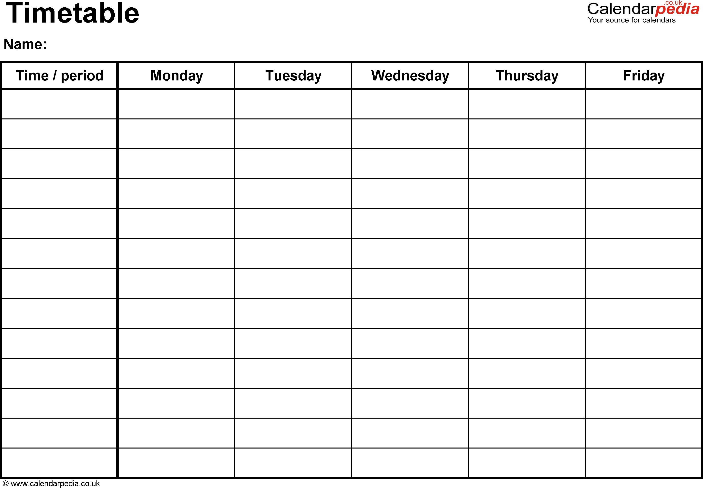 Excel Timetable Template 1: Landscape Format, A4, 1 Page